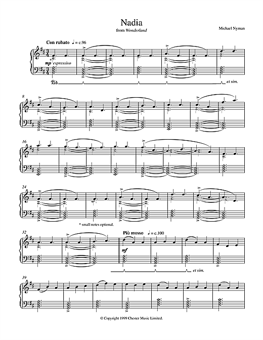 Preview Michael Nyman Nadia (from Wonderland) Film and TV sheet music, notes and chords for Piano, SKU: 17699 sheet music, piano notes, chords, guitar tabs, score, transpose, transcribe, how to play, guide, download, learn, tutorial, progression, song, artist, awards, billboard, mtv, vh1, tour, single, album, release