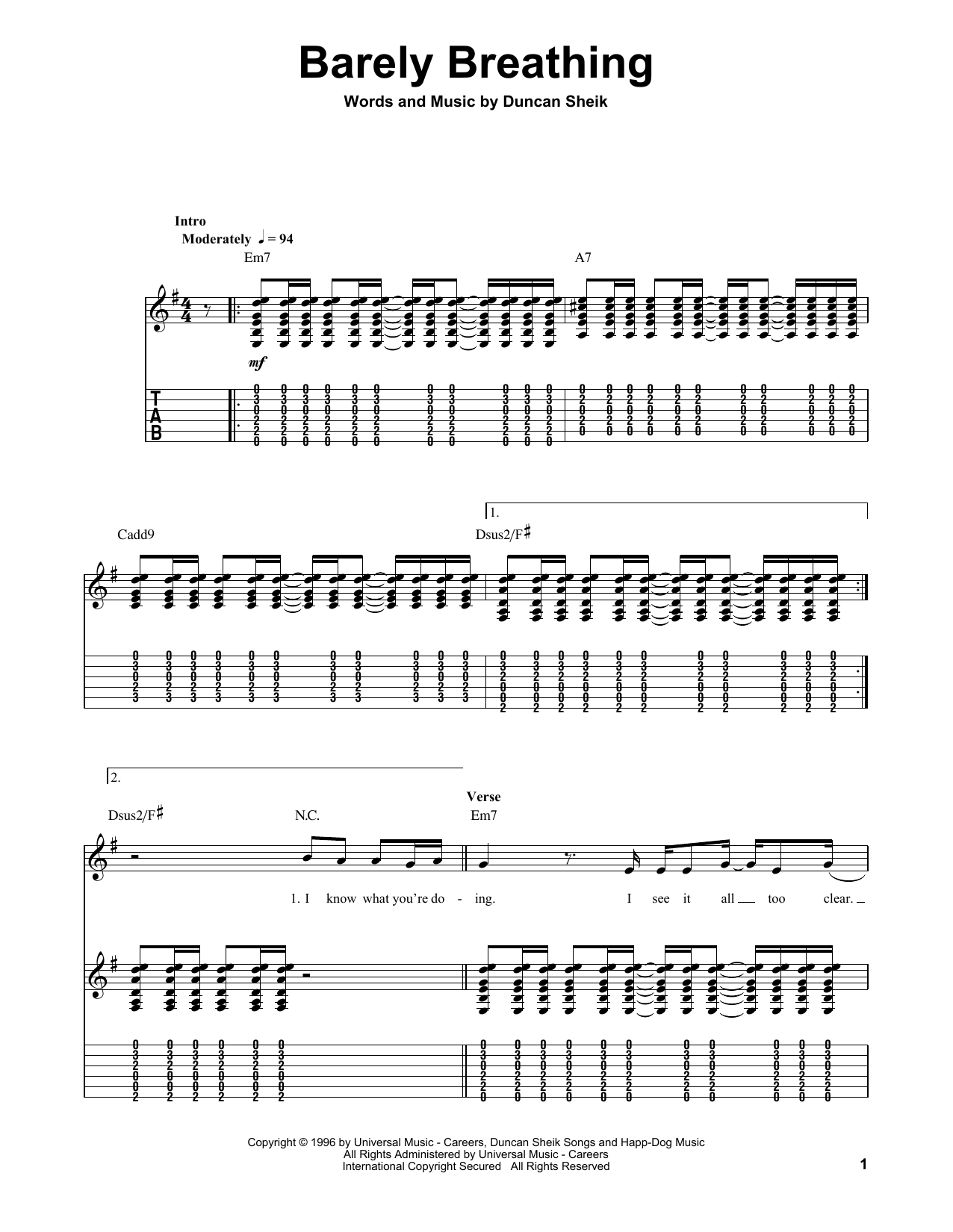 Preview Duncan Sheik Barely Breathing Rock sheet music, notes and chords for Guitar Tab Play-Along, SKU: 177320 sheet music, piano notes, chords, guitar tabs, score, transpose, transcribe, how to play, guide, download, learn, tutorial, progression, song, artist, awards, billboard, mtv, vh1, tour, single, album, release
