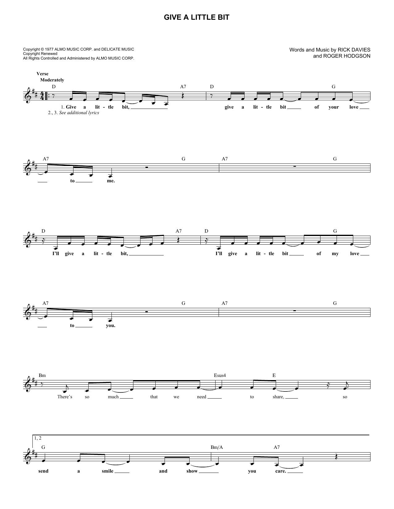 Preview Supertramp Give A Little Bit Rock sheet music, notes and chords for Melody Line, Lyrics & Chords, SKU: 177396 sheet music, piano notes, chords, guitar tabs, score, transpose, transcribe, how to play, guide, download, learn, tutorial, progression, song, artist, awards, billboard, mtv, vh1, tour, single, album, release