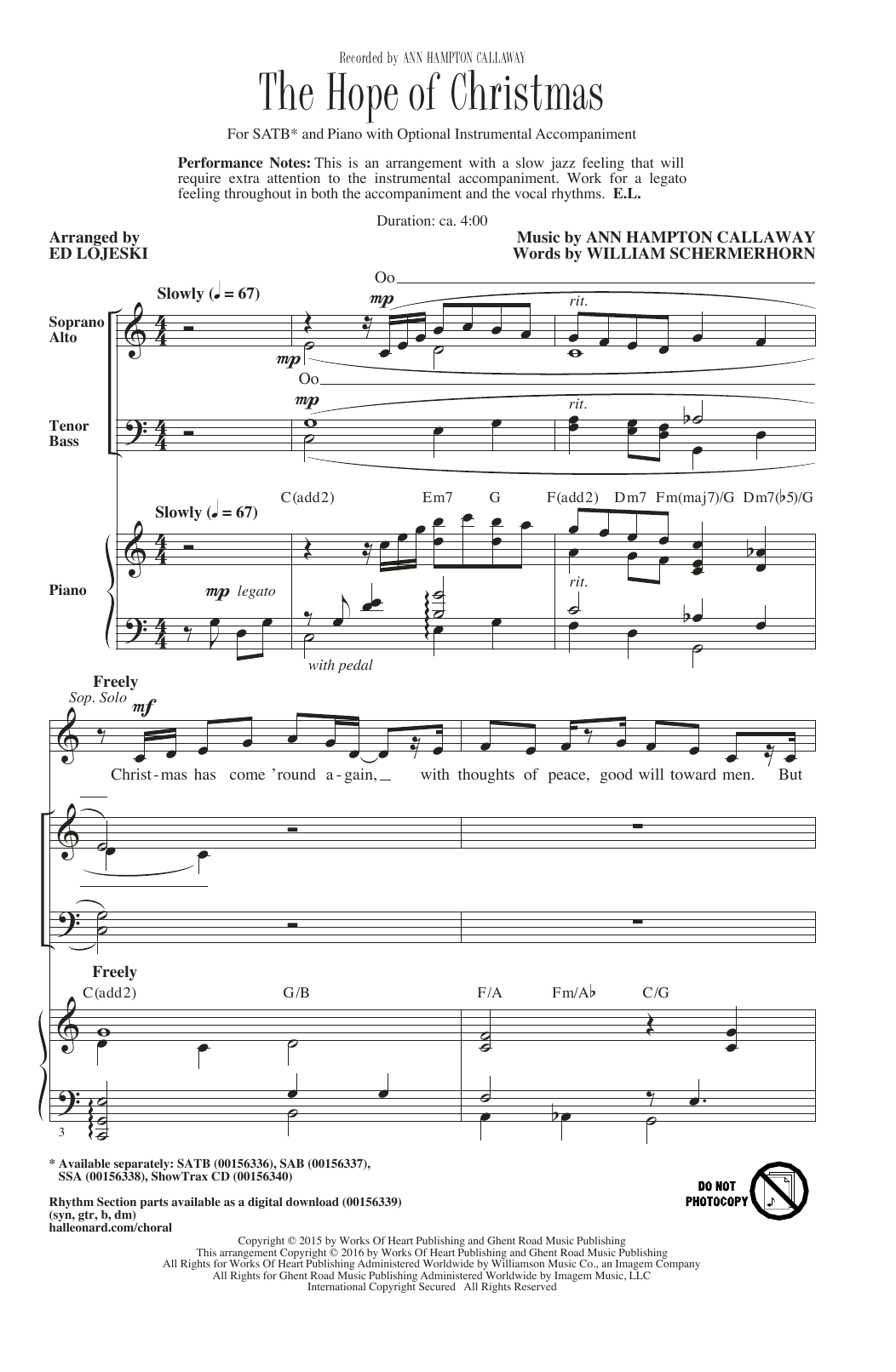 Preview Ed Lojeski The Hope Of Christmas Pop sheet music, notes and chords for SATB, SKU: 177410 sheet music, piano notes, chords, guitar tabs, score, transpose, transcribe, how to play, guide, download, learn, tutorial, progression, song, artist, awards, billboard, mtv, vh1, tour, single, album, release