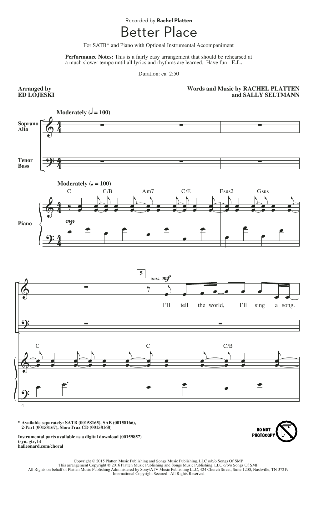 Preview Ed Lojeski Better Place Light Concert sheet music, notes and chords for SATB, SKU: 177414 sheet music, piano notes, chords, guitar tabs, score, transpose, transcribe, how to play, guide, download, learn, tutorial, progression, song, artist, awards, billboard, mtv, vh1, tour, single, album, release