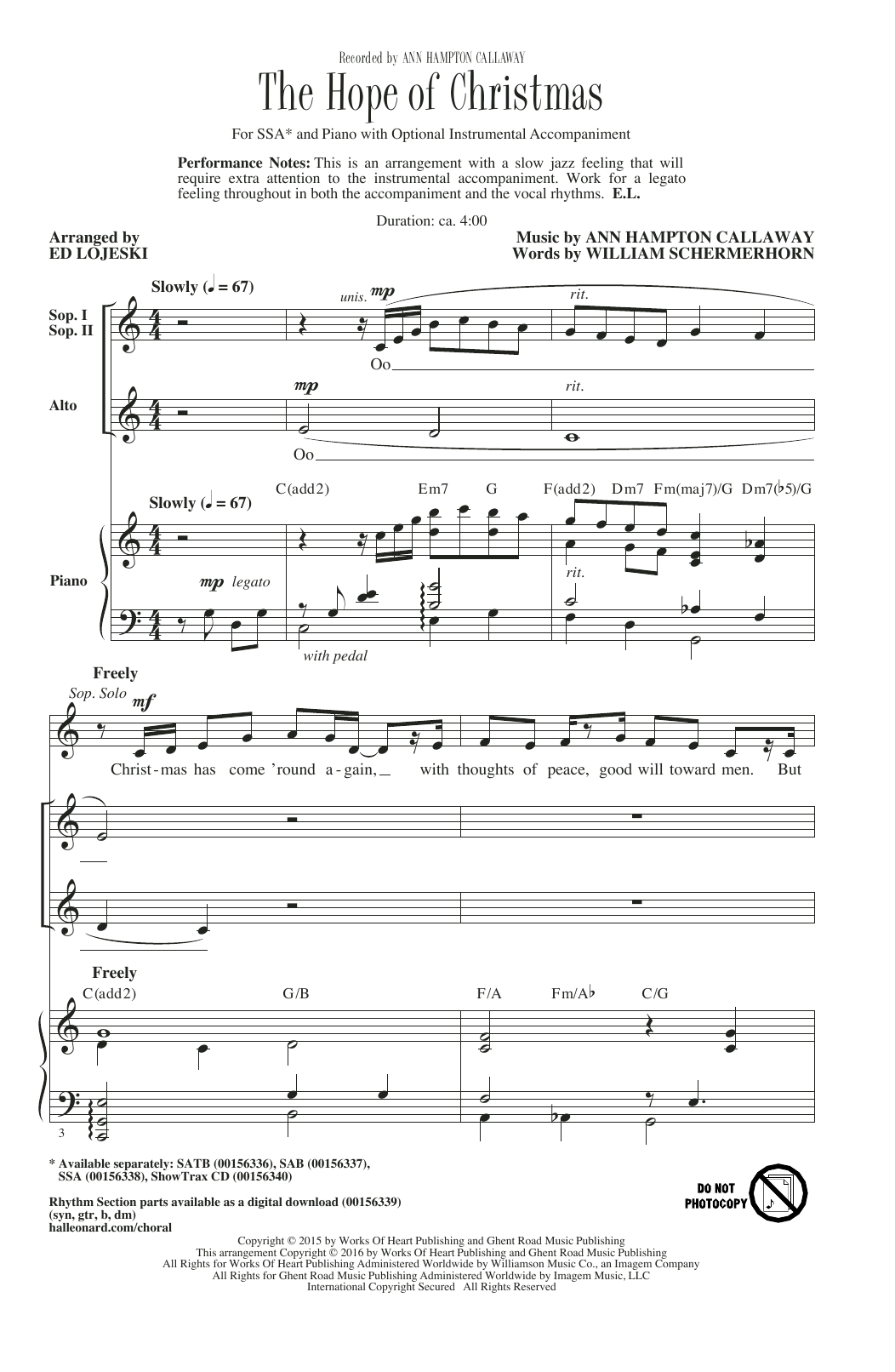 Preview Ed Lojeski The Hope Of Christmas Pop sheet music, notes and chords for SSA, SKU: 177416 sheet music, piano notes, chords, guitar tabs, score, transpose, transcribe, how to play, guide, download, learn, tutorial, progression, song, artist, awards, billboard, mtv, vh1, tour, single, album, release