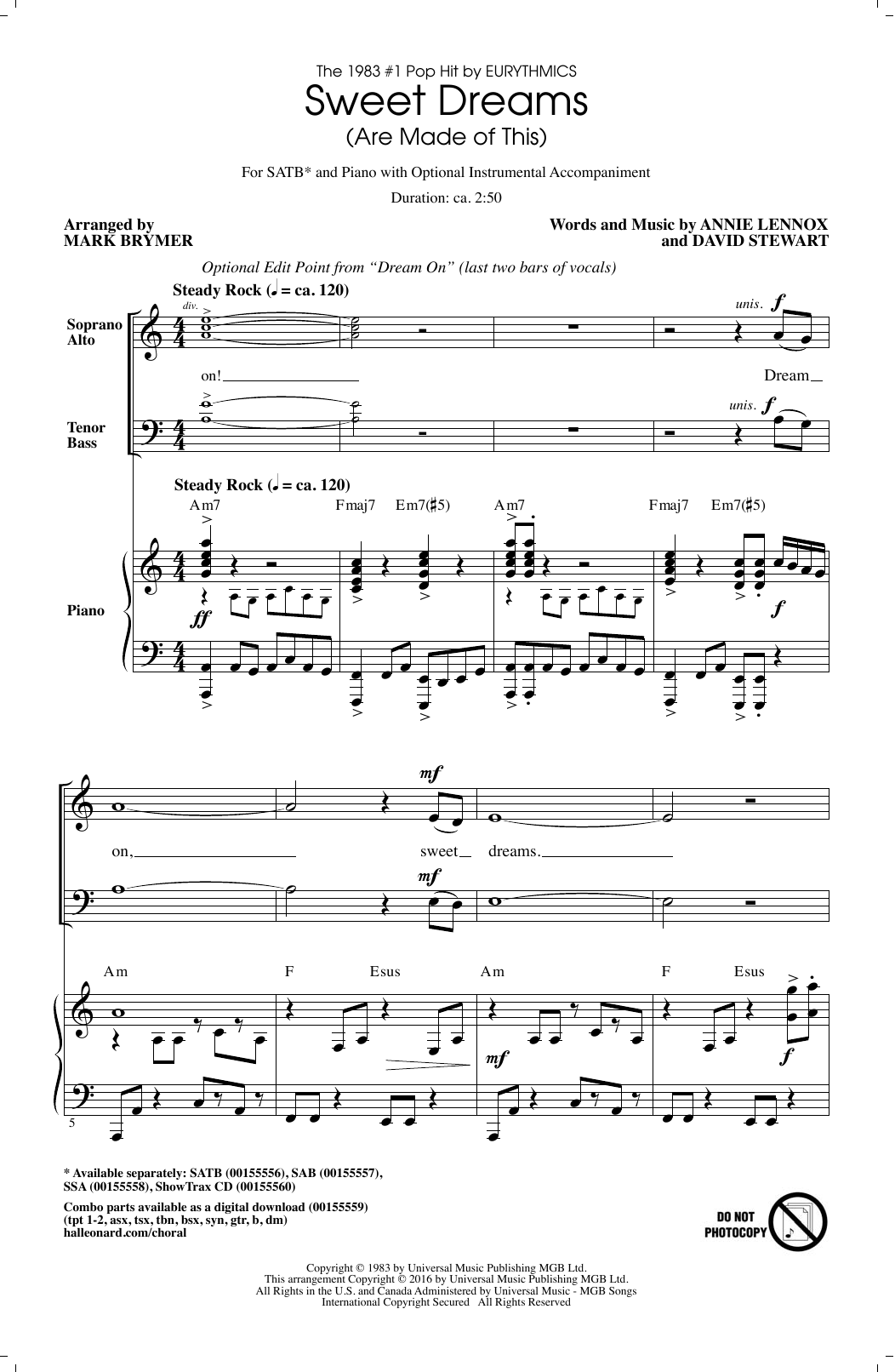 Preview Mark Brymer Sweet Dreams (Are Made Of This) Rock sheet music, notes and chords for SATB, SKU: 177419 sheet music, piano notes, chords, guitar tabs, score, transpose, transcribe, how to play, guide, download, learn, tutorial, progression, song, artist, awards, billboard, mtv, vh1, tour, single, album, release