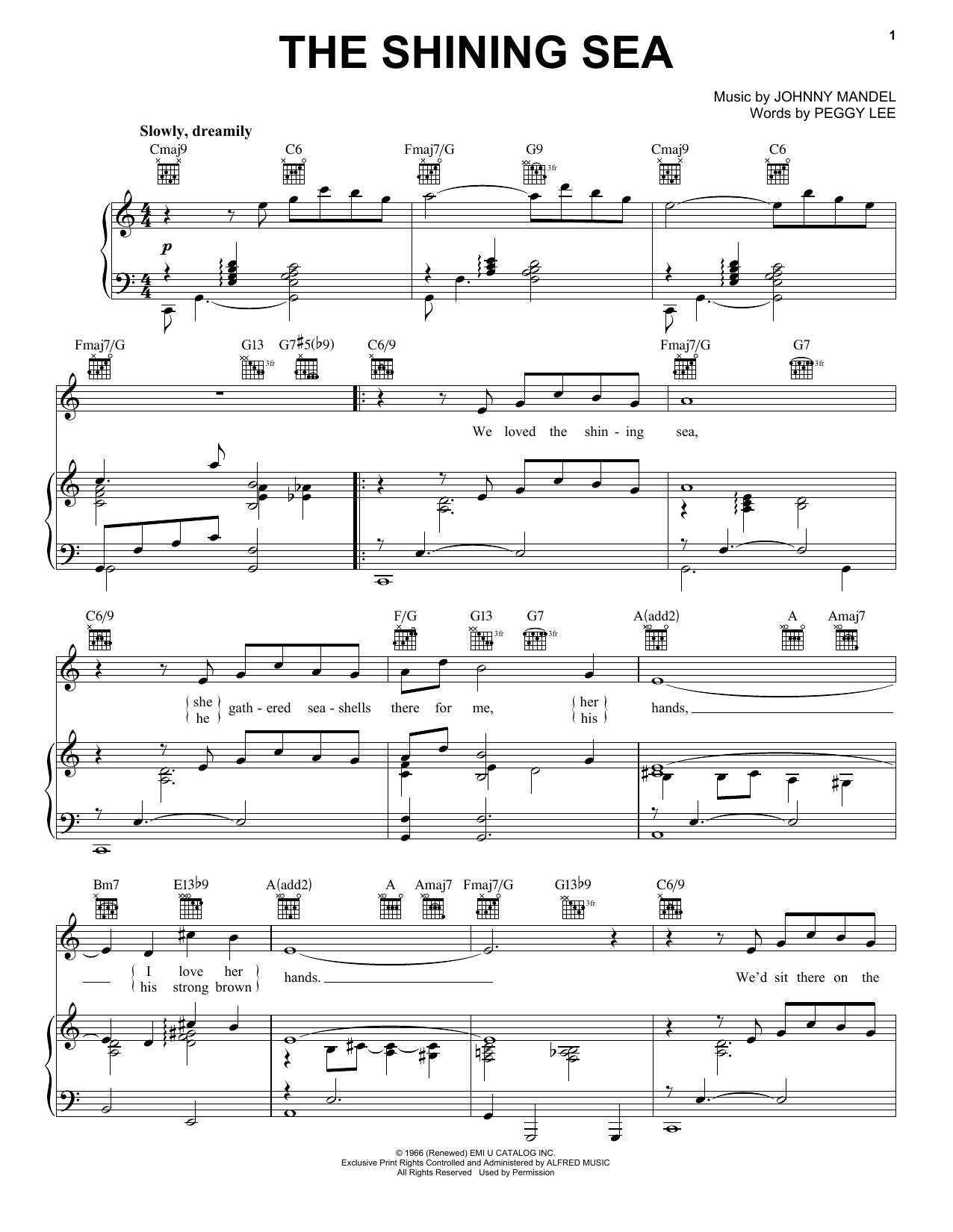 Preview Peggy Lee The Shining Sea Jazz sheet music, notes and chords for Piano, Vocal & Guitar (Right-Hand Melody), SKU: 177421 sheet music, piano notes, chords, guitar tabs, score, transpose, transcribe, how to play, guide, download, learn, tutorial, progression, song, artist, awards, billboard, mtv, vh1, tour, single, album, release