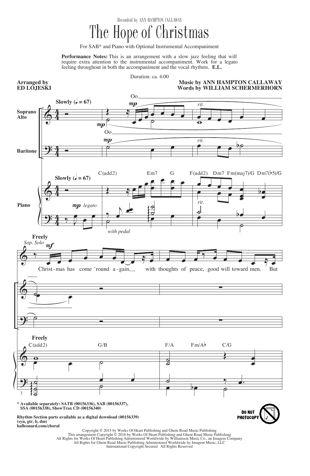 Preview Ed Lojeski The Hope Of Christmas Pop sheet music, notes and chords for SAB, SKU: 177429 sheet music, piano notes, chords, guitar tabs, score, transpose, transcribe, how to play, guide, download, learn, tutorial, progression, song, artist, awards, billboard, mtv, vh1, tour, single, album, release