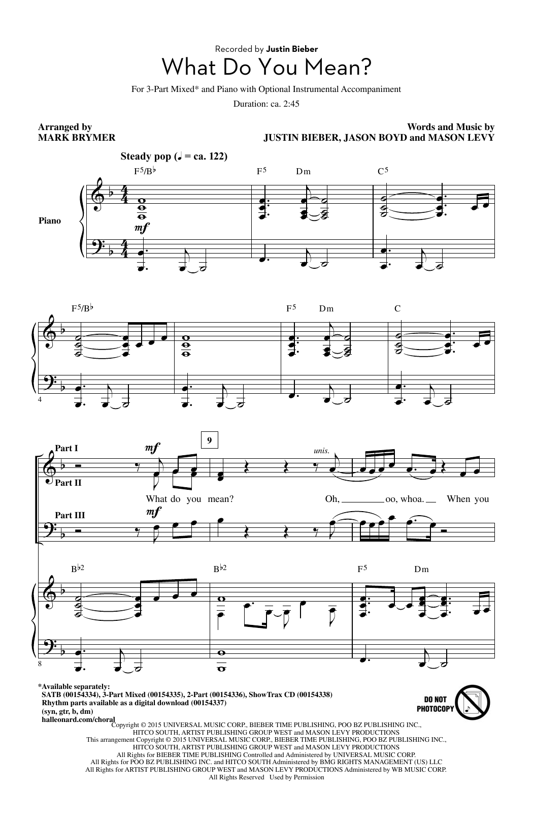 Preview Mark Brymer What Do You Mean? Pop sheet music, notes and chords for 3-Part Mixed, SKU: 177431 sheet music, piano notes, chords, guitar tabs, score, transpose, transcribe, how to play, guide, download, learn, tutorial, progression, song, artist, awards, billboard, mtv, vh1, tour, single, album, release