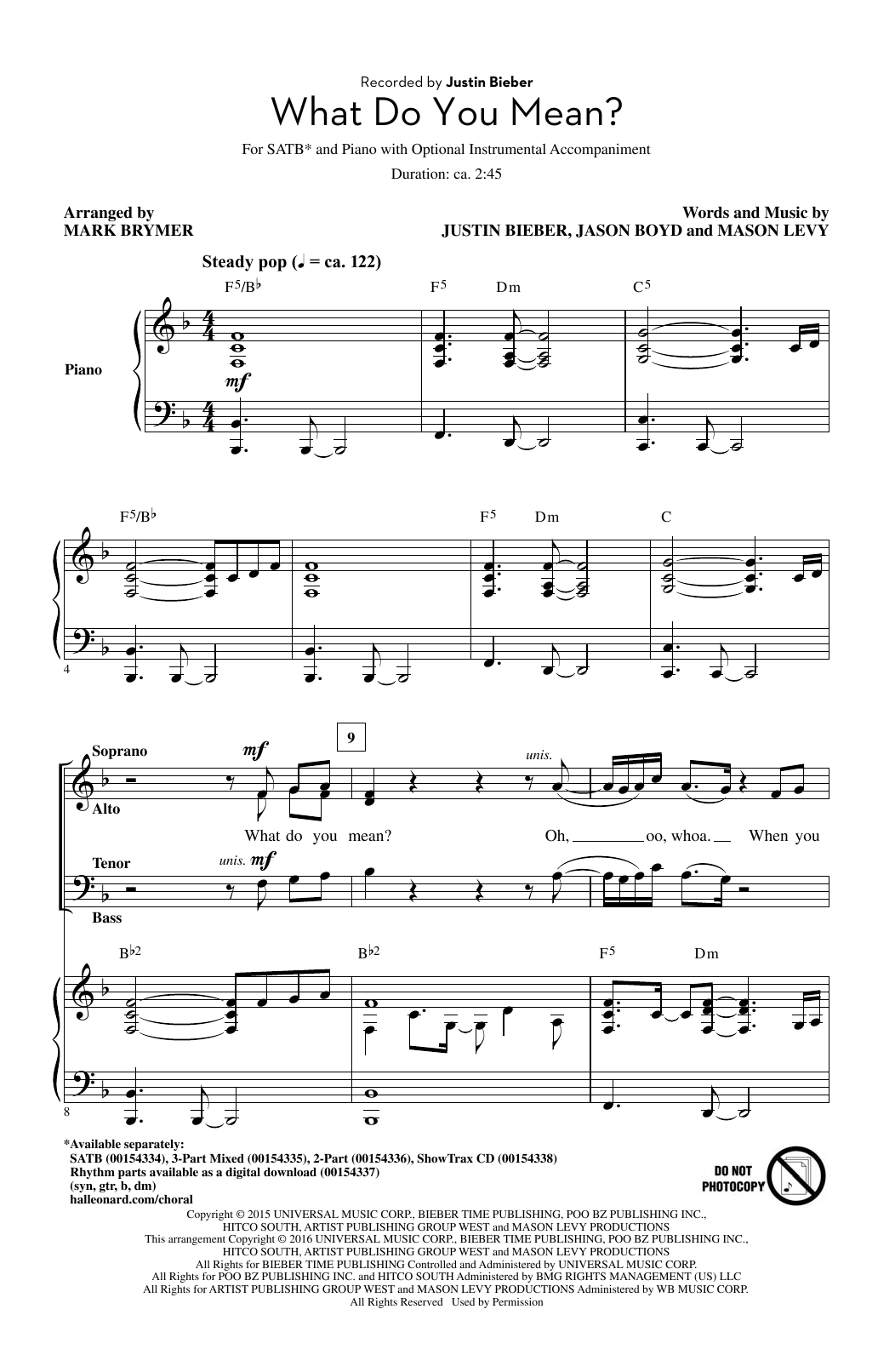 Preview Mark Brymer What Do You Mean? Pop sheet music, notes and chords for SATB, SKU: 177433 sheet music, piano notes, chords, guitar tabs, score, transpose, transcribe, how to play, guide, download, learn, tutorial, progression, song, artist, awards, billboard, mtv, vh1, tour, single, album, release