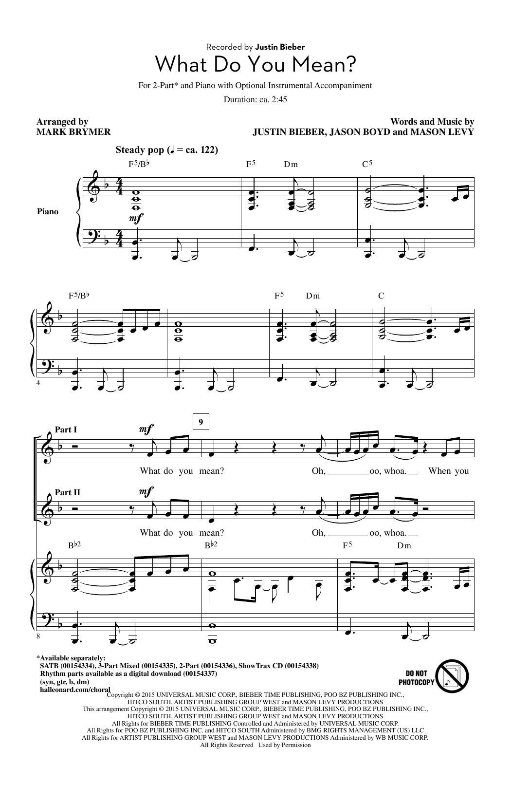 Preview Mark Brymer What Do You Mean? Pop sheet music, notes and chords for 2-Part Choir, SKU: 177435 sheet music, piano notes, chords, guitar tabs, score, transpose, transcribe, how to play, guide, download, learn, tutorial, progression, song, artist, awards, billboard, mtv, vh1, tour, single, album, release