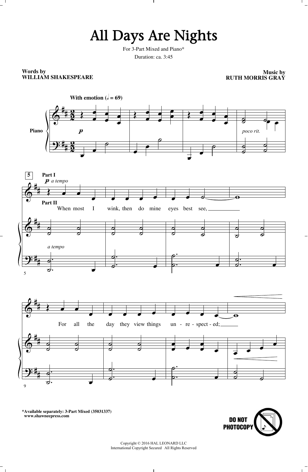 Preview Ruth Morris Gray All Days Are Nights Concert sheet music, notes and chords for 3-Part Mixed, SKU: 177449 sheet music, piano notes, chords, guitar tabs, score, transpose, transcribe, how to play, guide, download, learn, tutorial, progression, song, artist, awards, billboard, mtv, vh1, tour, single, album, release