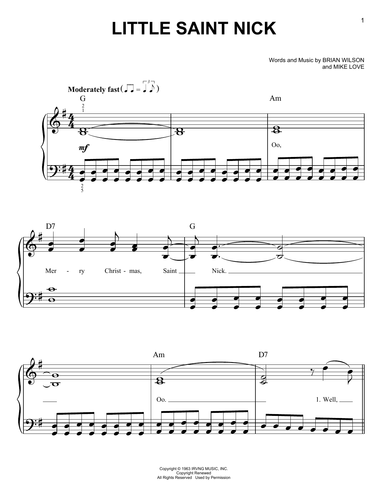 Preview The Beach Boys Little Saint Nick Folk sheet music, notes and chords for Easy Piano, SKU: 177454 sheet music, piano notes, chords, guitar tabs, score, transpose, transcribe, how to play, guide, download, learn, tutorial, progression, song, artist, awards, billboard, mtv, vh1, tour, single, album, release