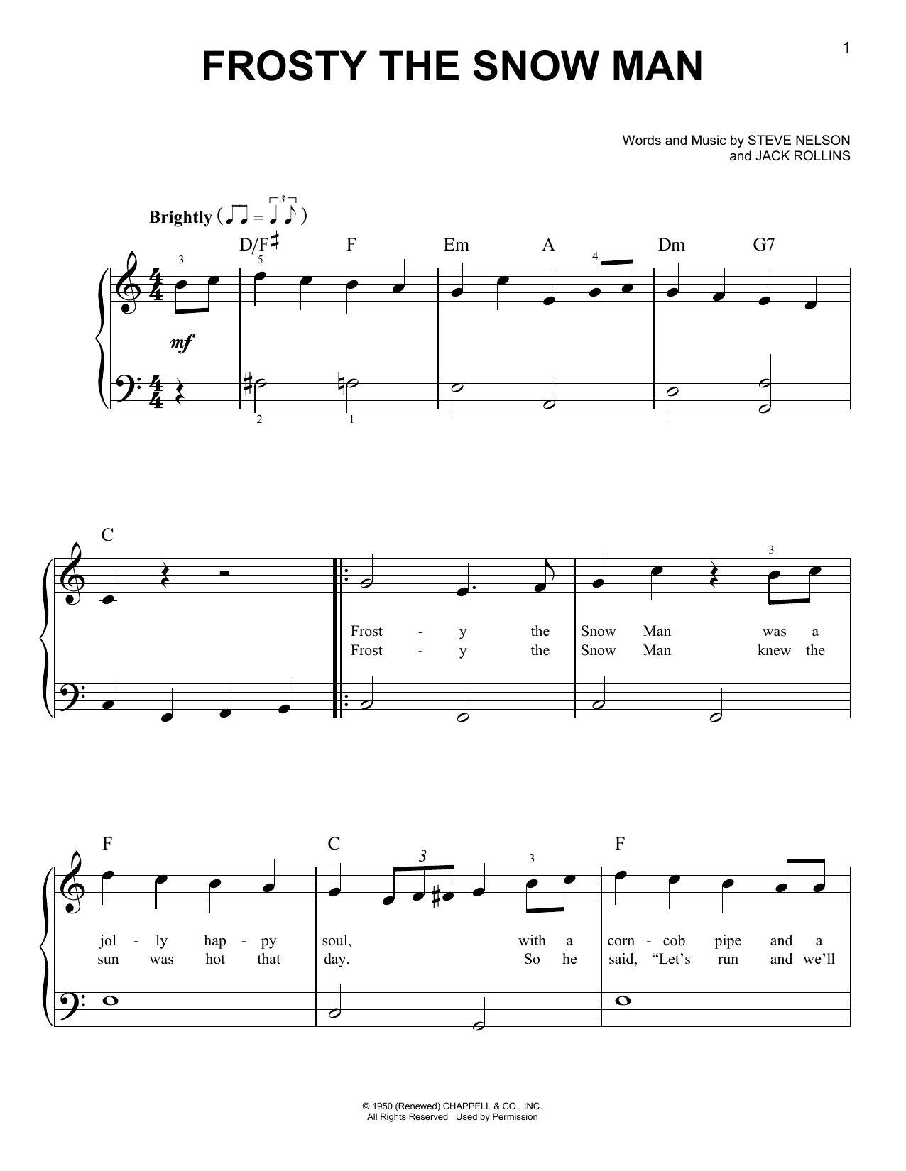 Preview Steve Nelson Frosty The Snow Man Winter sheet music, notes and chords for Easy Piano, SKU: 177455 sheet music, piano notes, chords, guitar tabs, score, transpose, transcribe, how to play, guide, download, learn, tutorial, progression, song, artist, awards, billboard, mtv, vh1, tour, single, album, release