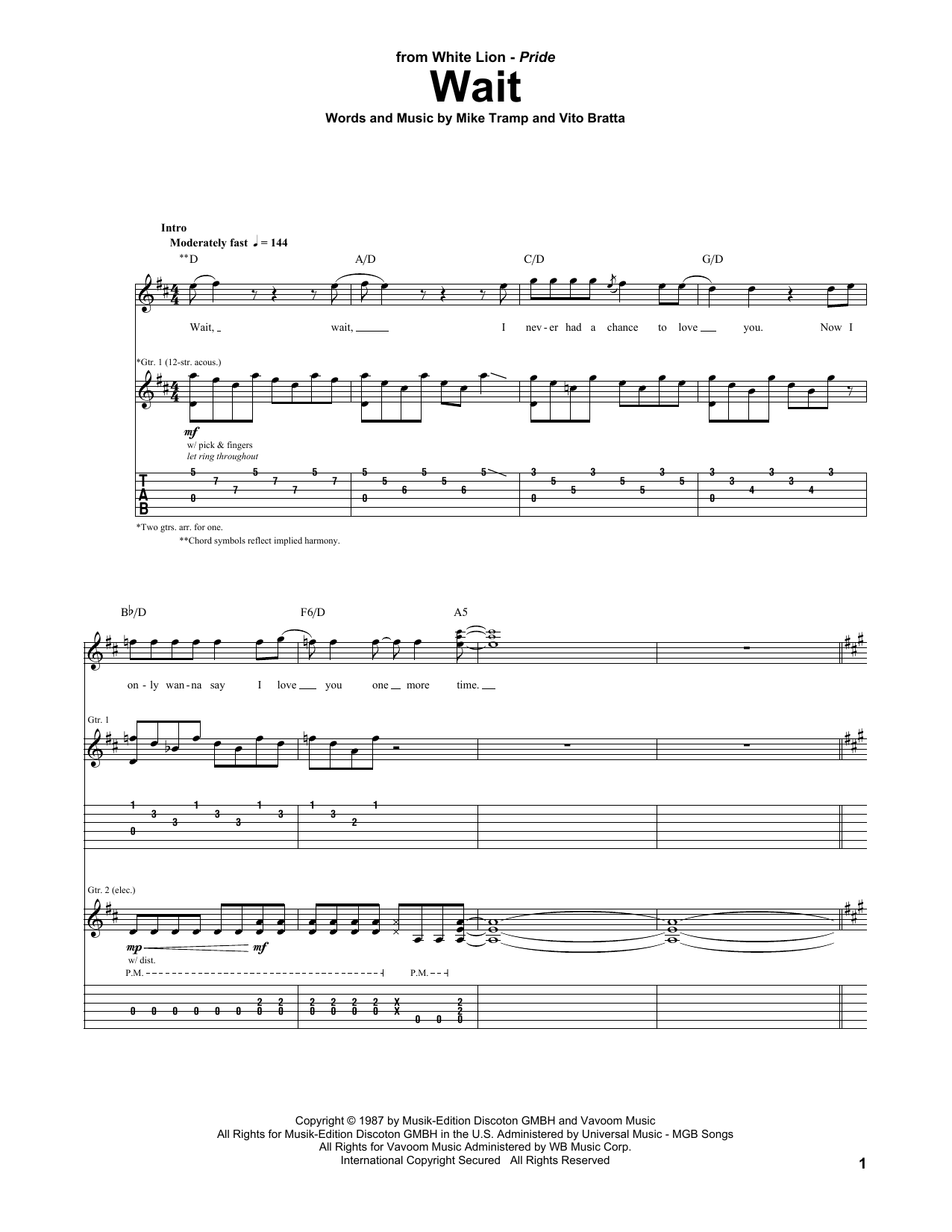 Preview White Lion Wait Pop sheet music, notes and chords for Guitar Tab, SKU: 177463 sheet music, piano notes, chords, guitar tabs, score, transpose, transcribe, how to play, guide, download, learn, tutorial, progression, song, artist, awards, billboard, mtv, vh1, tour, single, album, release