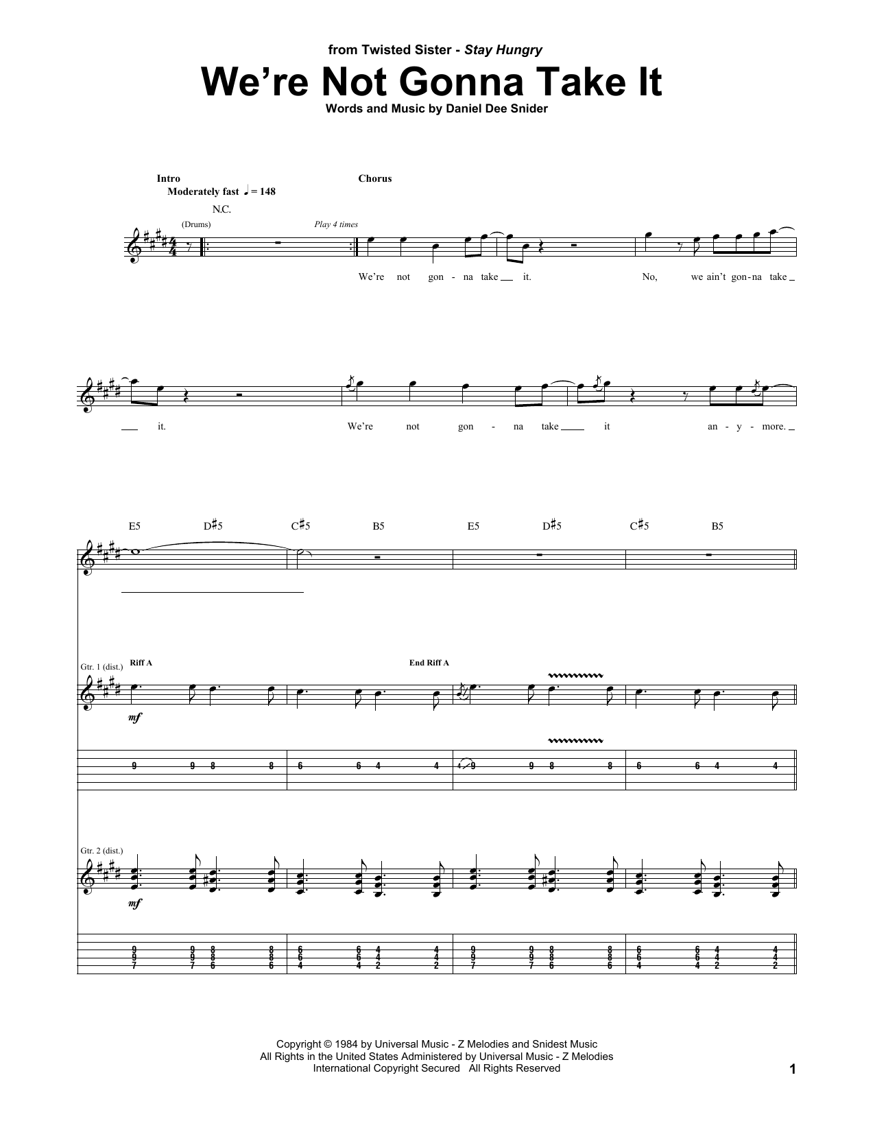 Twisted Sister We Re Not Gonna Take It Sheet Music Notes Chords