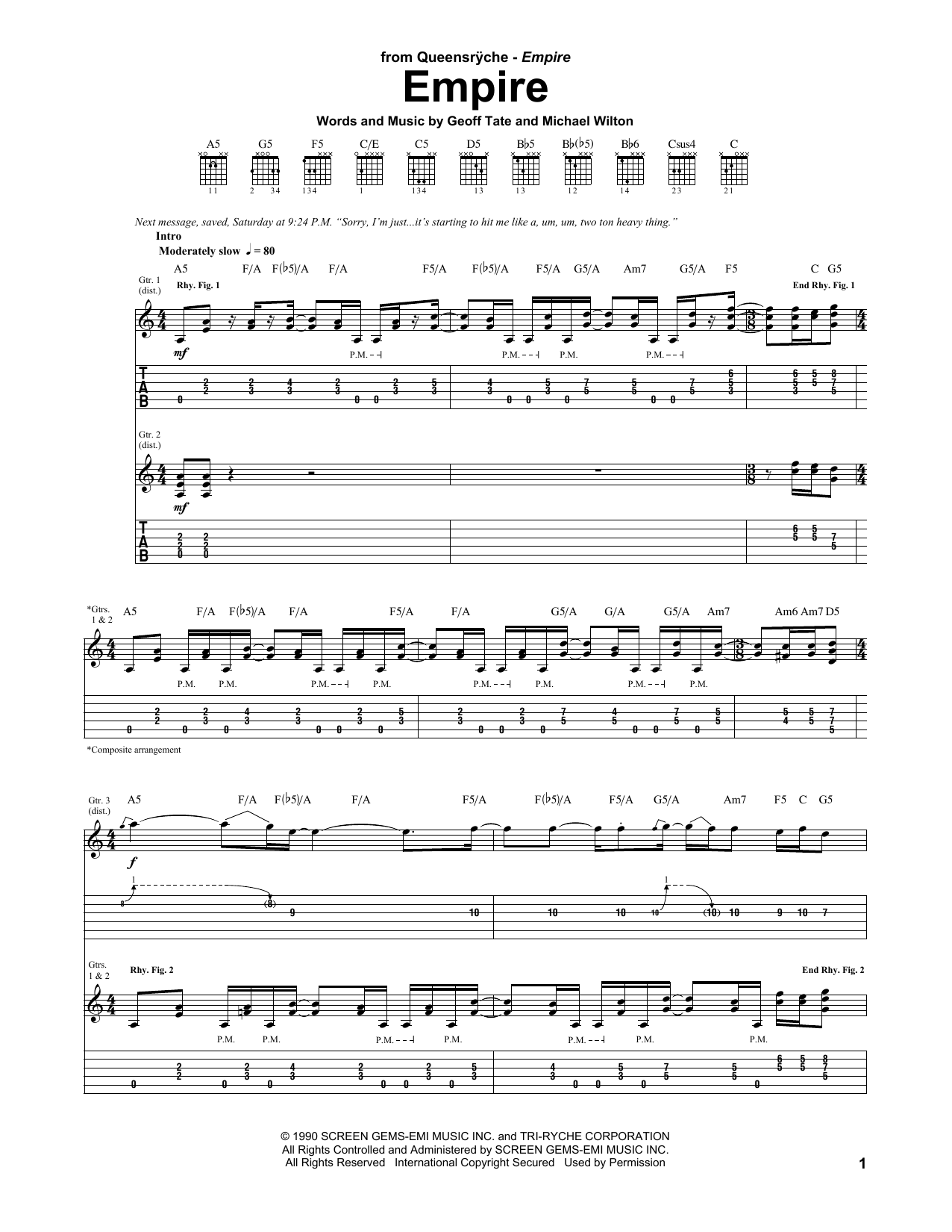Preview Queensryche Empire Rock sheet music, notes and chords for Guitar Tab, SKU: 177470 sheet music, piano notes, chords, guitar tabs, score, transpose, transcribe, how to play, guide, download, learn, tutorial, progression, song, artist, awards, billboard, mtv, vh1, tour, single, album, release