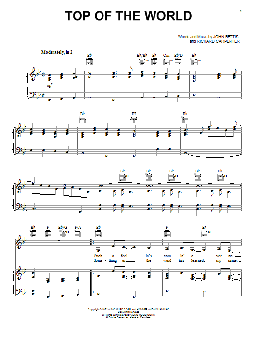 Preview Carpenters Top Of The World Pop sheet music, notes and chords for Piano, Vocal & Guitar (Right-Hand Melody), SKU: 17754 sheet music, piano notes, chords, guitar tabs, score, transpose, transcribe, how to play, guide, download, learn, tutorial, progression, song, artist, awards, billboard, mtv, vh1, tour, single, album, release