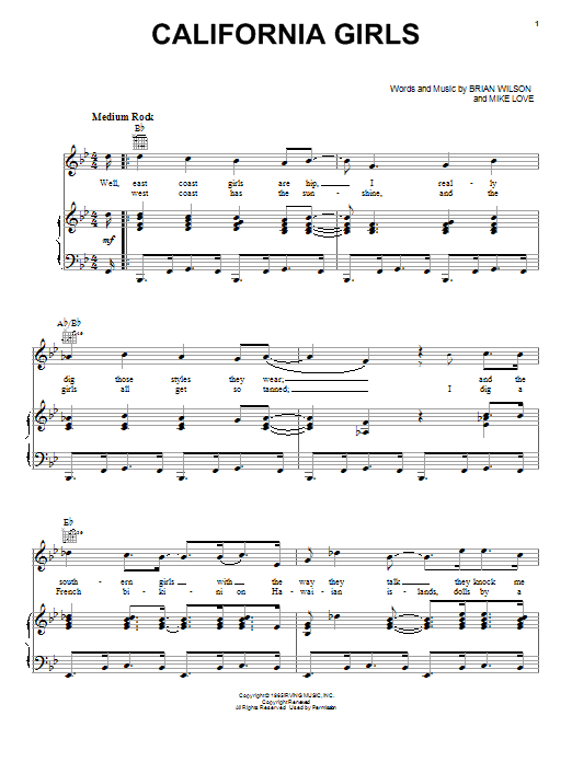Preview The Beach Boys California Girls Classics sheet music, notes and chords for Piano, Vocal & Guitar (Right-Hand Melody), SKU: 17756 sheet music, piano notes, chords, guitar tabs, score, transpose, transcribe, how to play, guide, download, learn, tutorial, progression, song, artist, awards, billboard, mtv, vh1, tour, single, album, release