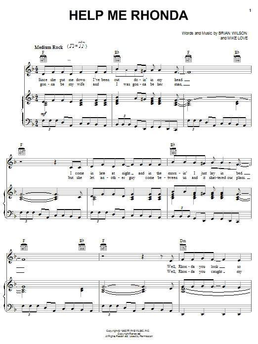 Preview The Beach Boys Help Me Rhonda Pop sheet music, notes and chords for Piano, Vocal & Guitar (Right-Hand Melody), SKU: 17759 sheet music, piano notes, chords, guitar tabs, score, transpose, transcribe, how to play, guide, download, learn, tutorial, progression, song, artist, awards, billboard, mtv, vh1, tour, single, album, release