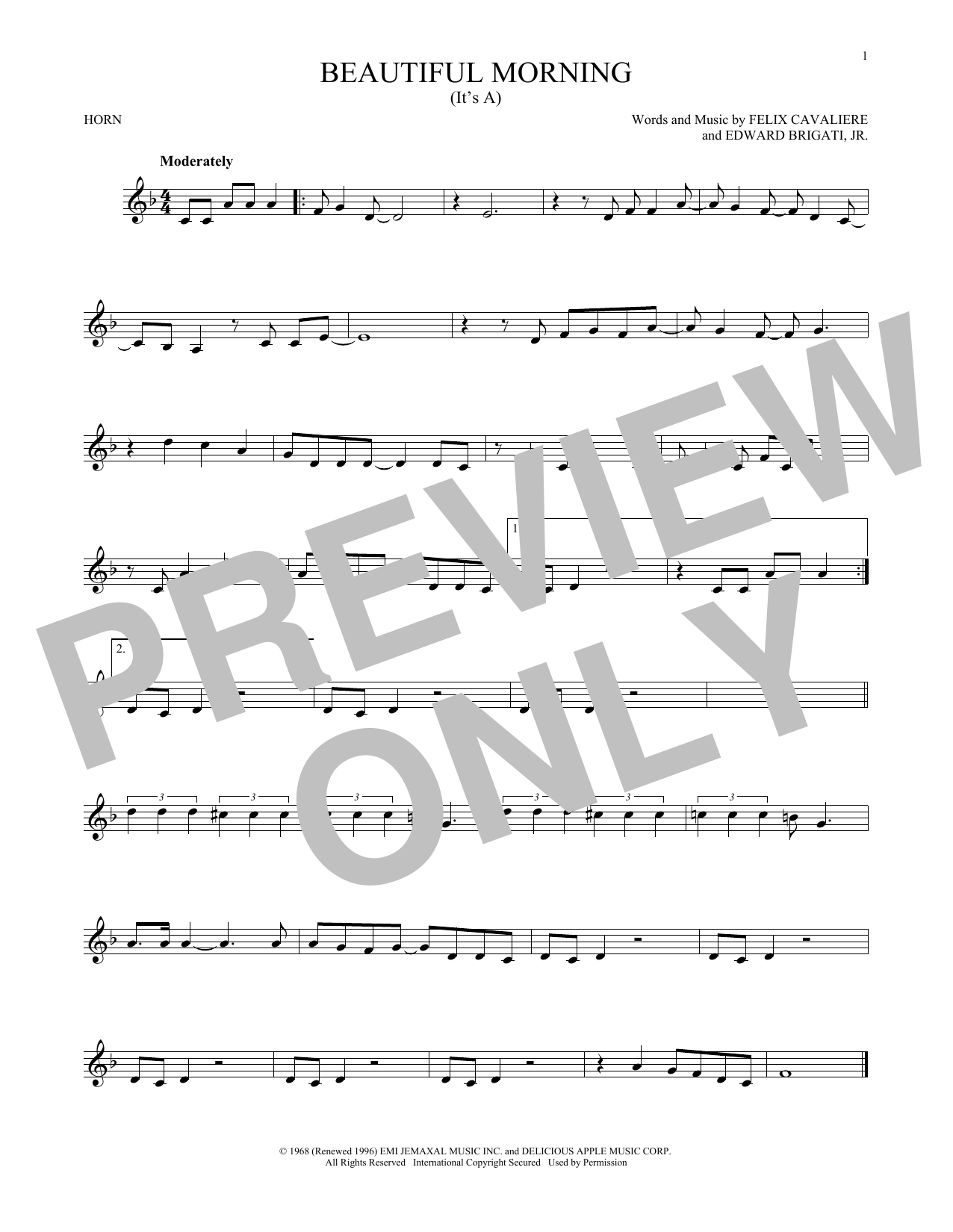 The Rascals (It's A) Beautiful Morning Sheet Music Notes & Chords for French Horn - Download or Print PDF