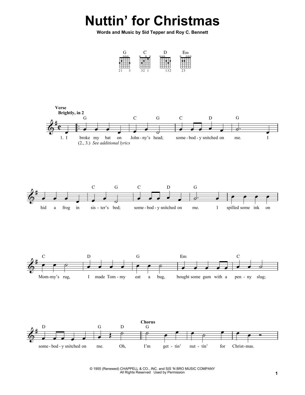 Roy C. Bennett Nuttin' For Christmas Sheet Music Notes & Chords for Easy Guitar - Download or Print PDF