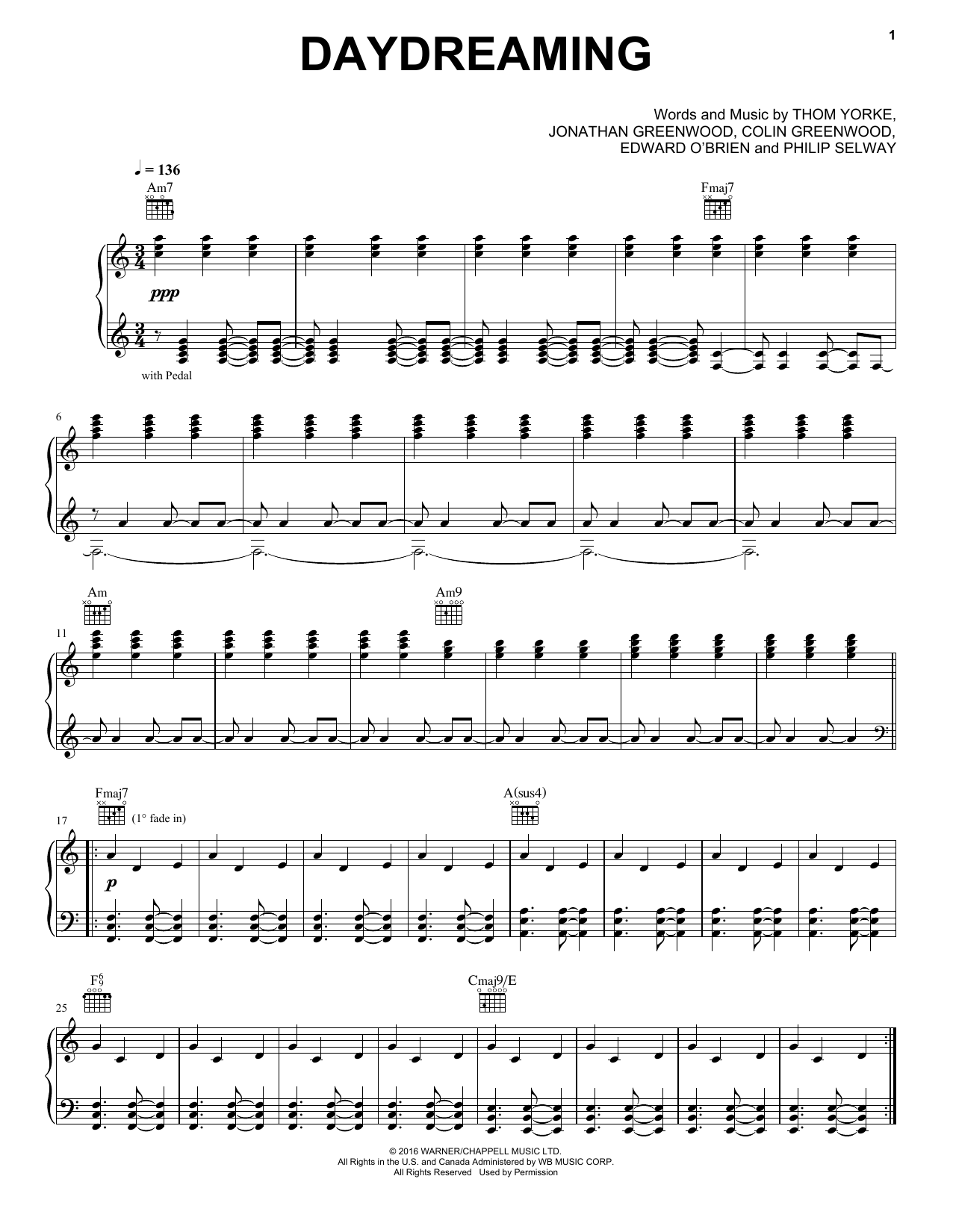 Radiohead Daydreaming Sheet Music Notes & Chords for Piano, Vocal & Guitar (Right-Hand Melody) - Download or Print PDF
