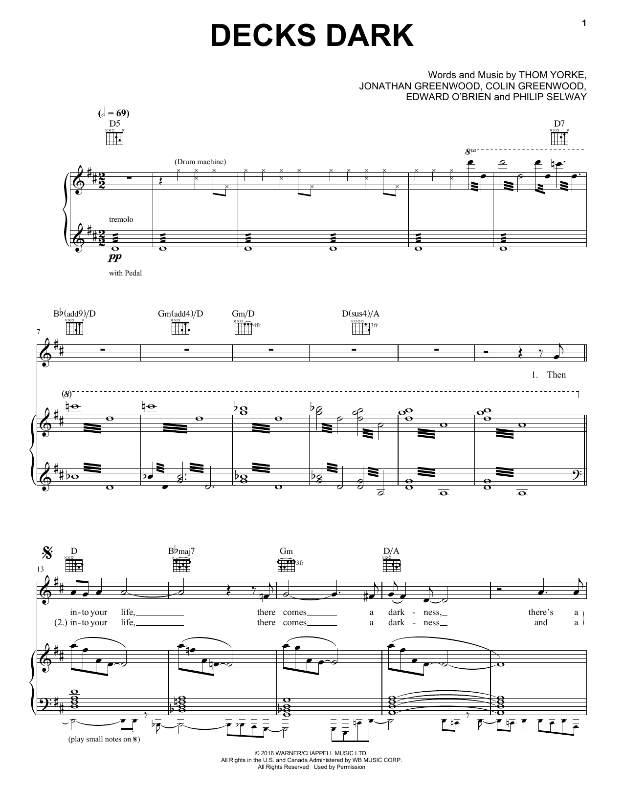 Radiohead Decks Dark Sheet Music Notes & Chords for Piano, Vocal & Guitar (Right-Hand Melody) - Download or Print PDF