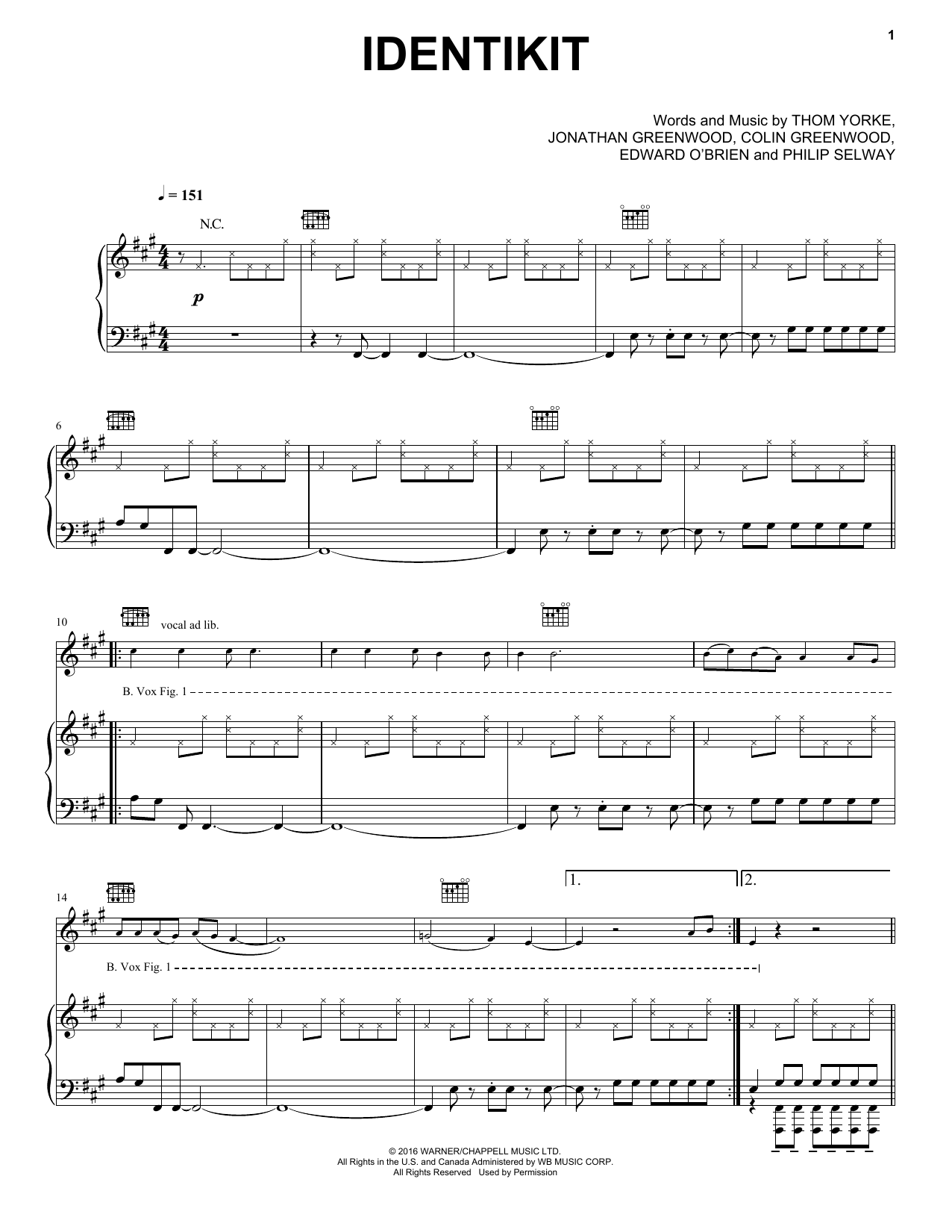 Radiohead Identikit Sheet Music Notes & Chords for Piano, Vocal & Guitar (Right-Hand Melody) - Download or Print PDF