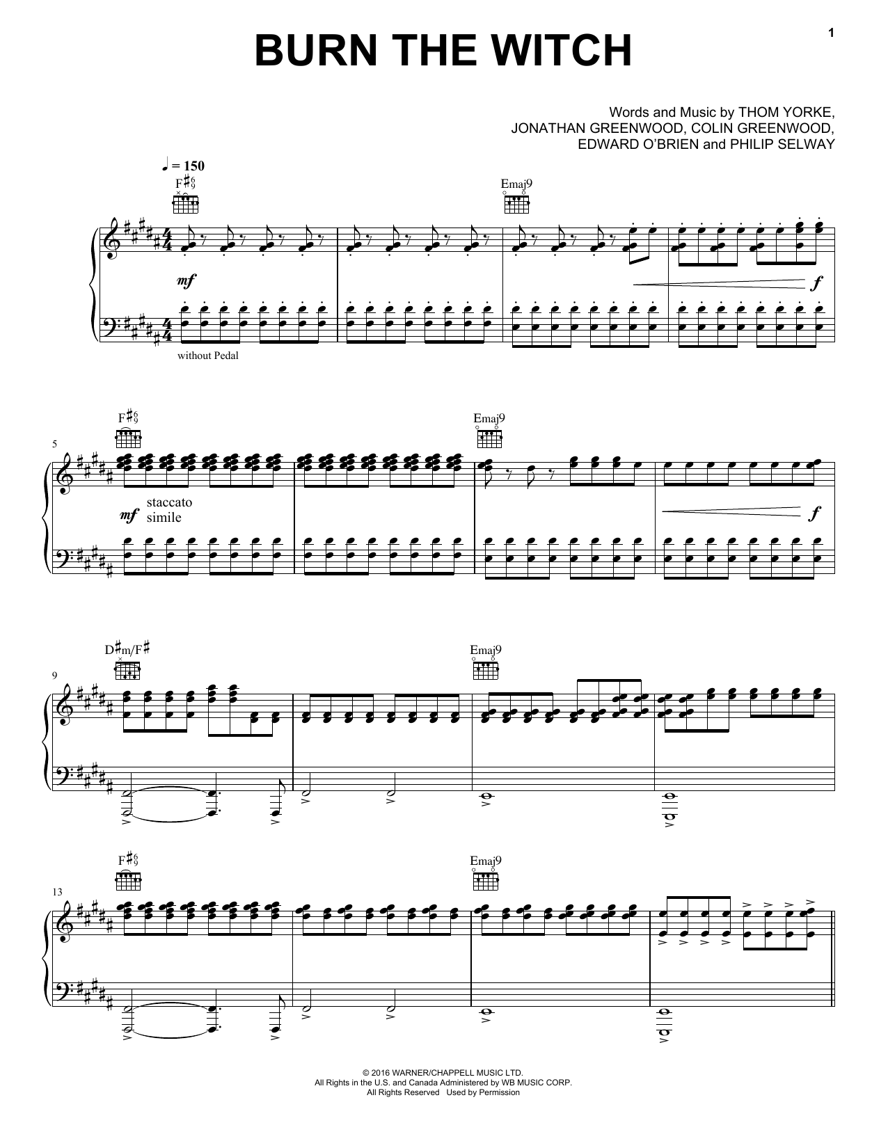 Radiohead Burn The Witch Sheet Music Notes & Chords for Piano, Vocal & Guitar (Right-Hand Melody) - Download or Print PDF