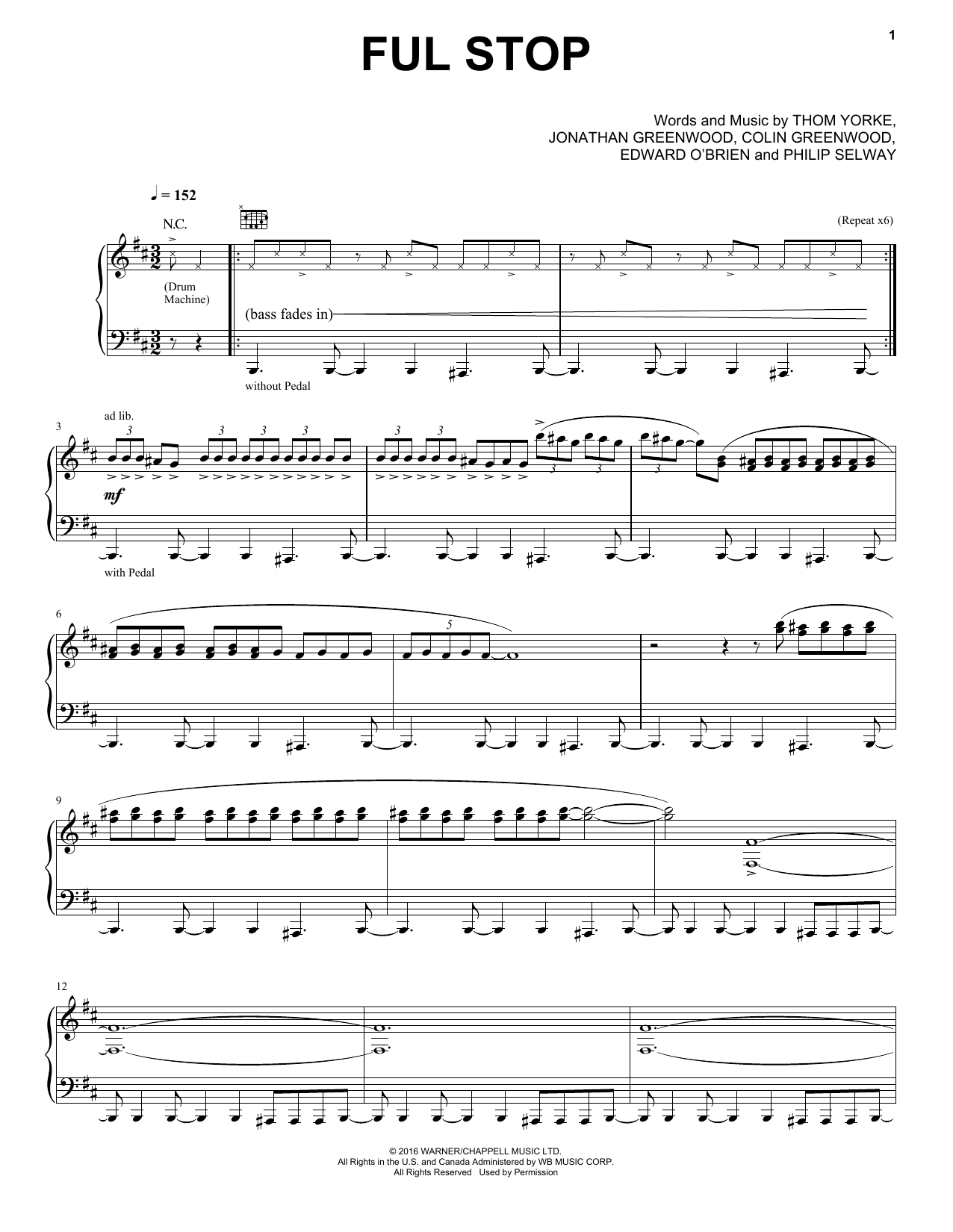 Radiohead Ful Stop Sheet Music Notes & Chords for Piano, Vocal & Guitar (Right-Hand Melody) - Download or Print PDF
