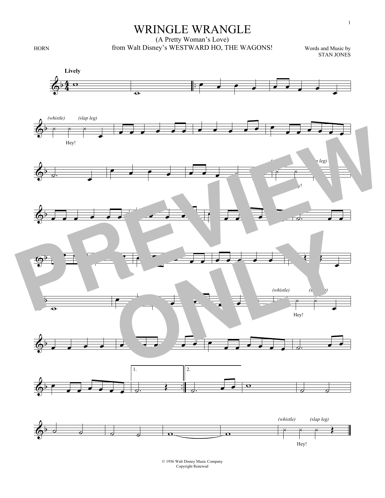 Stan Jones Wringle Wrangle (A Pretty Woman's Love) Sheet Music Notes & Chords for French Horn - Download or Print PDF