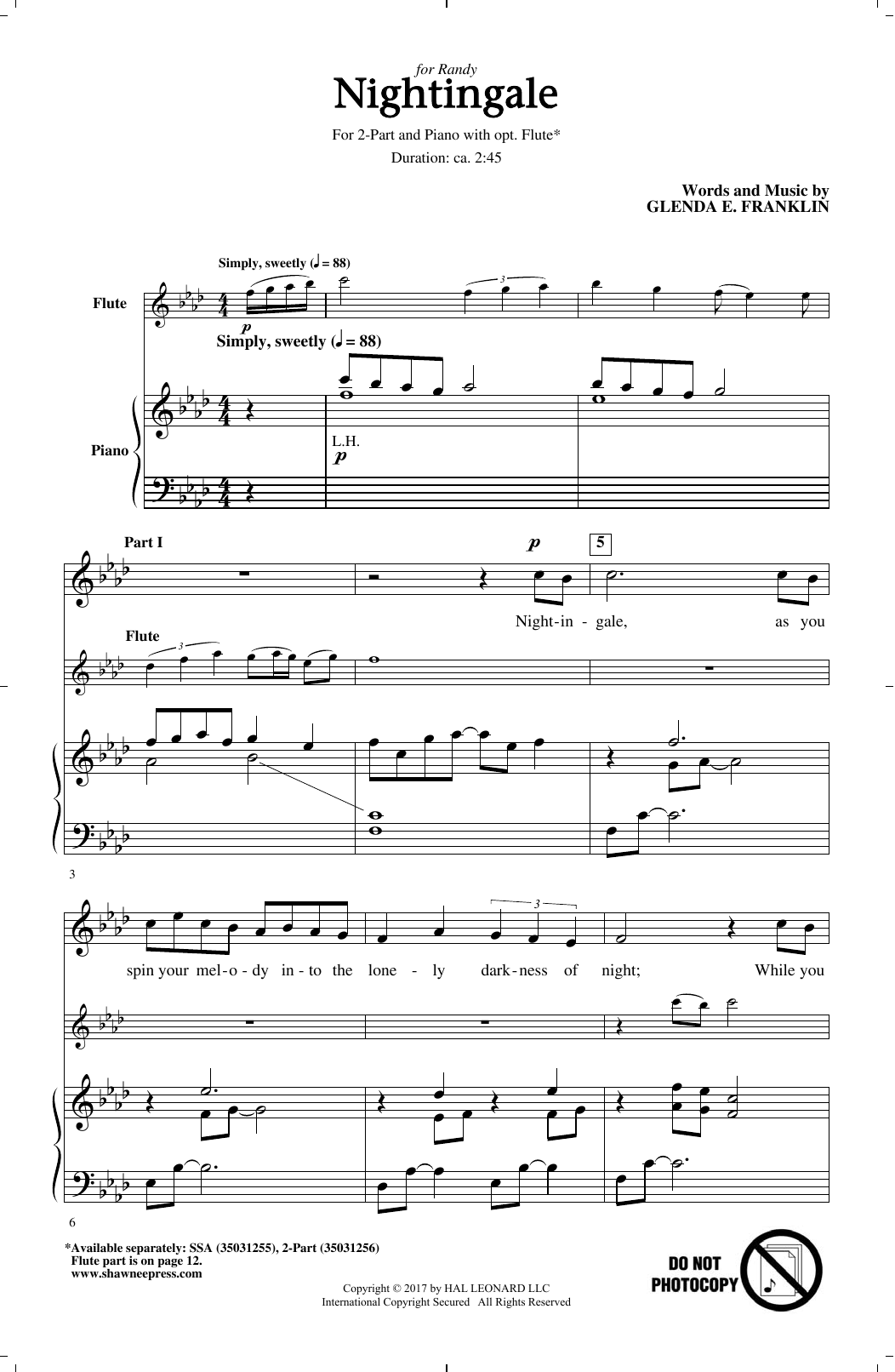 Glenda E. Franklin Nightingale Sheet Music Notes & Chords for 2-Part Choir - Download or Print PDF
