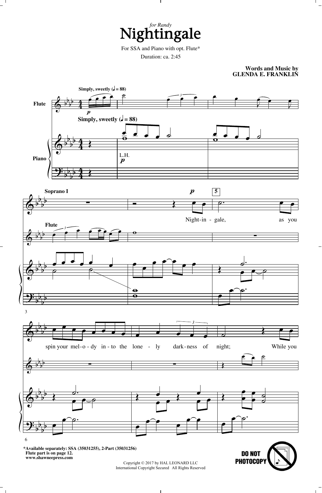 Glenda E. Franklin Nightingale Sheet Music Notes & Chords for SSA - Download or Print PDF