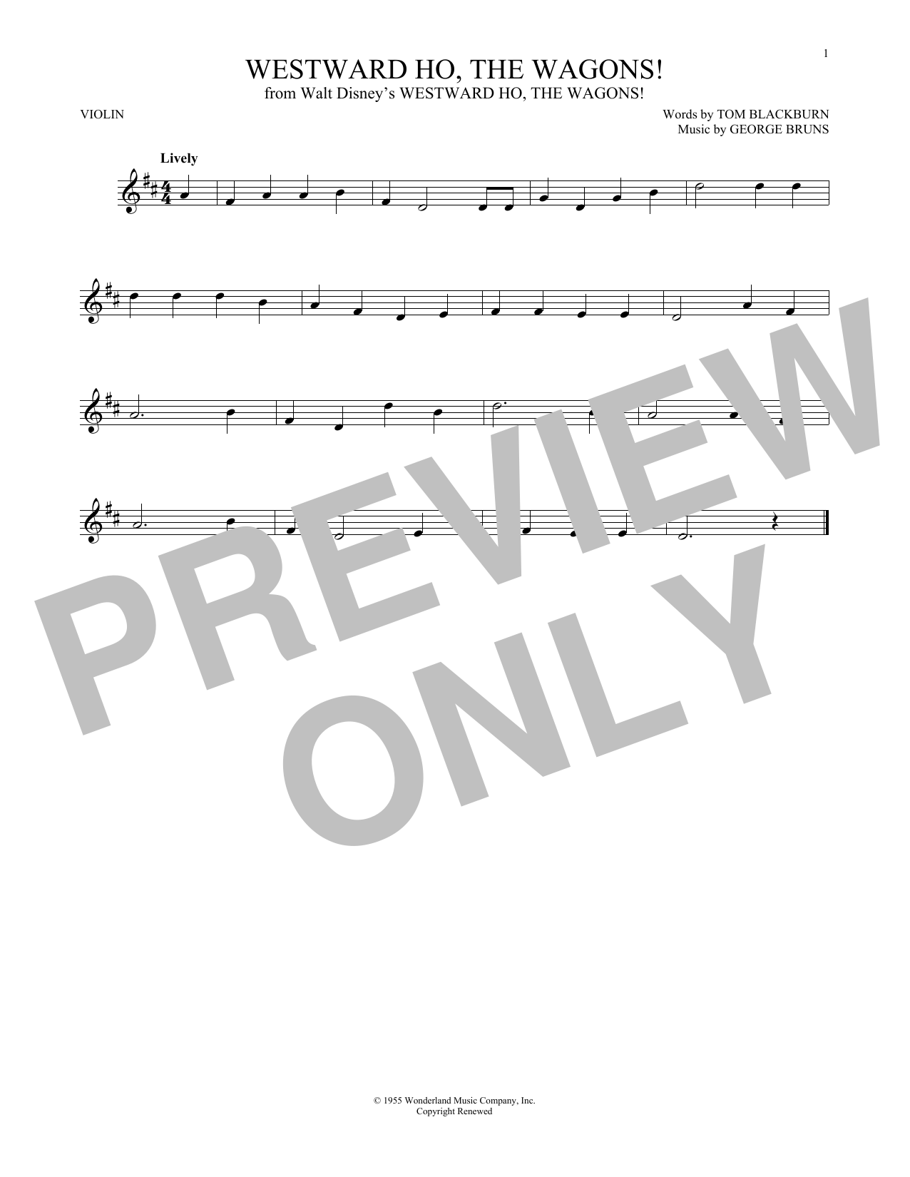 George Bruns Westward Ho, The Wagons! Sheet Music Notes & Chords for Violin - Download or Print PDF