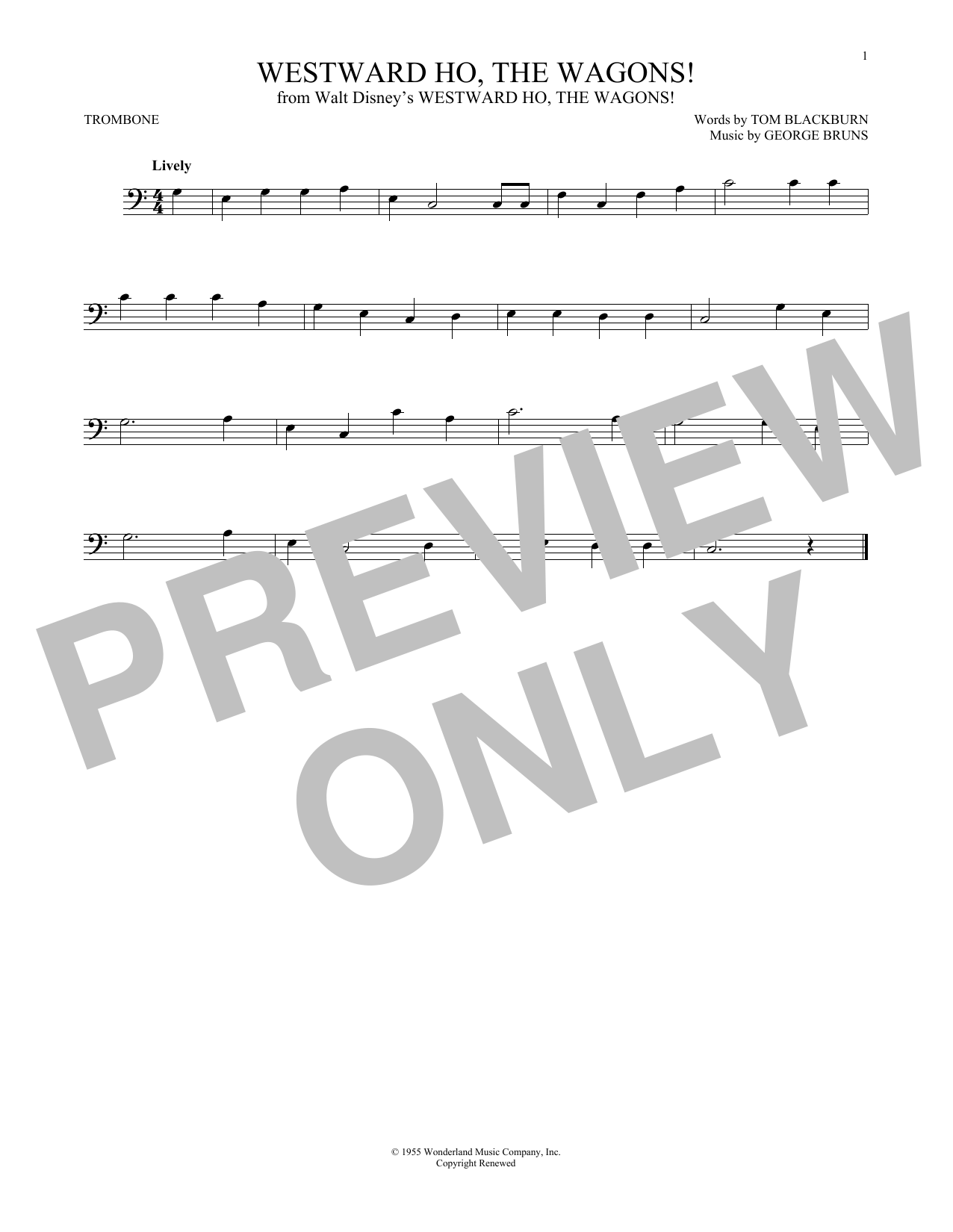 George Bruns Westward Ho, The Wagons! Sheet Music Notes & Chords for Trombone - Download or Print PDF