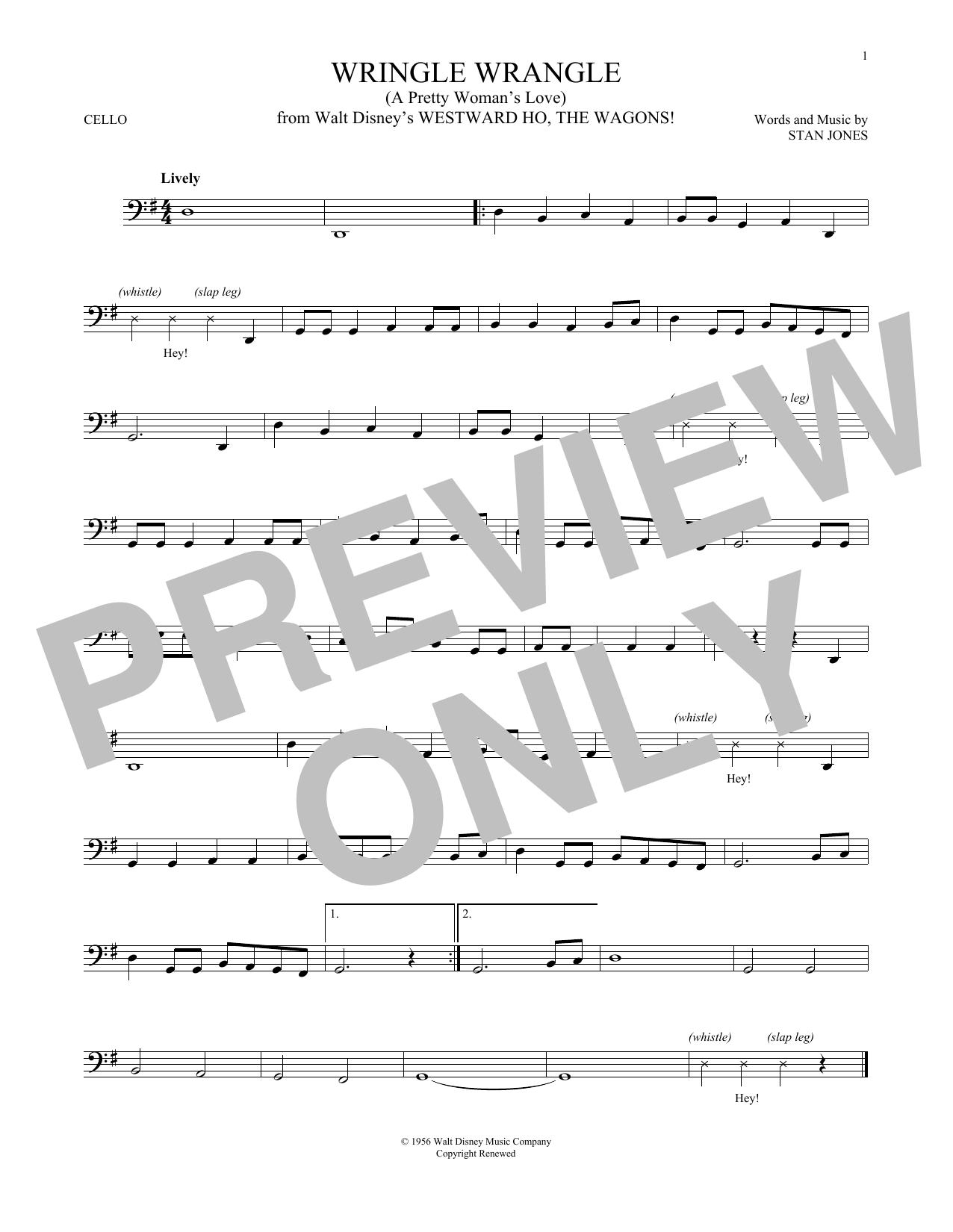 Stan Jones Wringle Wrangle (A Pretty Woman's Love) Sheet Music Notes & Chords for Cello - Download or Print PDF