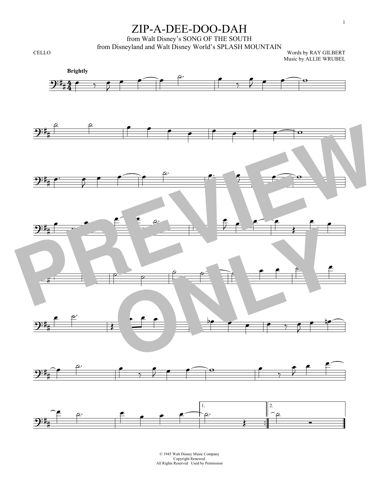 Allie Wrubel Zip-A-Dee-Doo-Dah Sheet Music Notes & Chords for Cello - Download or Print PDF
