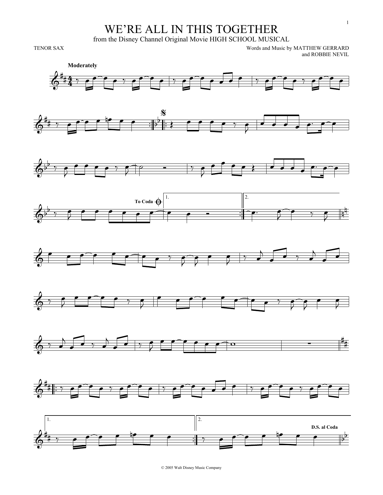 Matthew Gerrard We're All In This Together Sheet Music Notes & Chords for Tenor Saxophone - Download or Print PDF