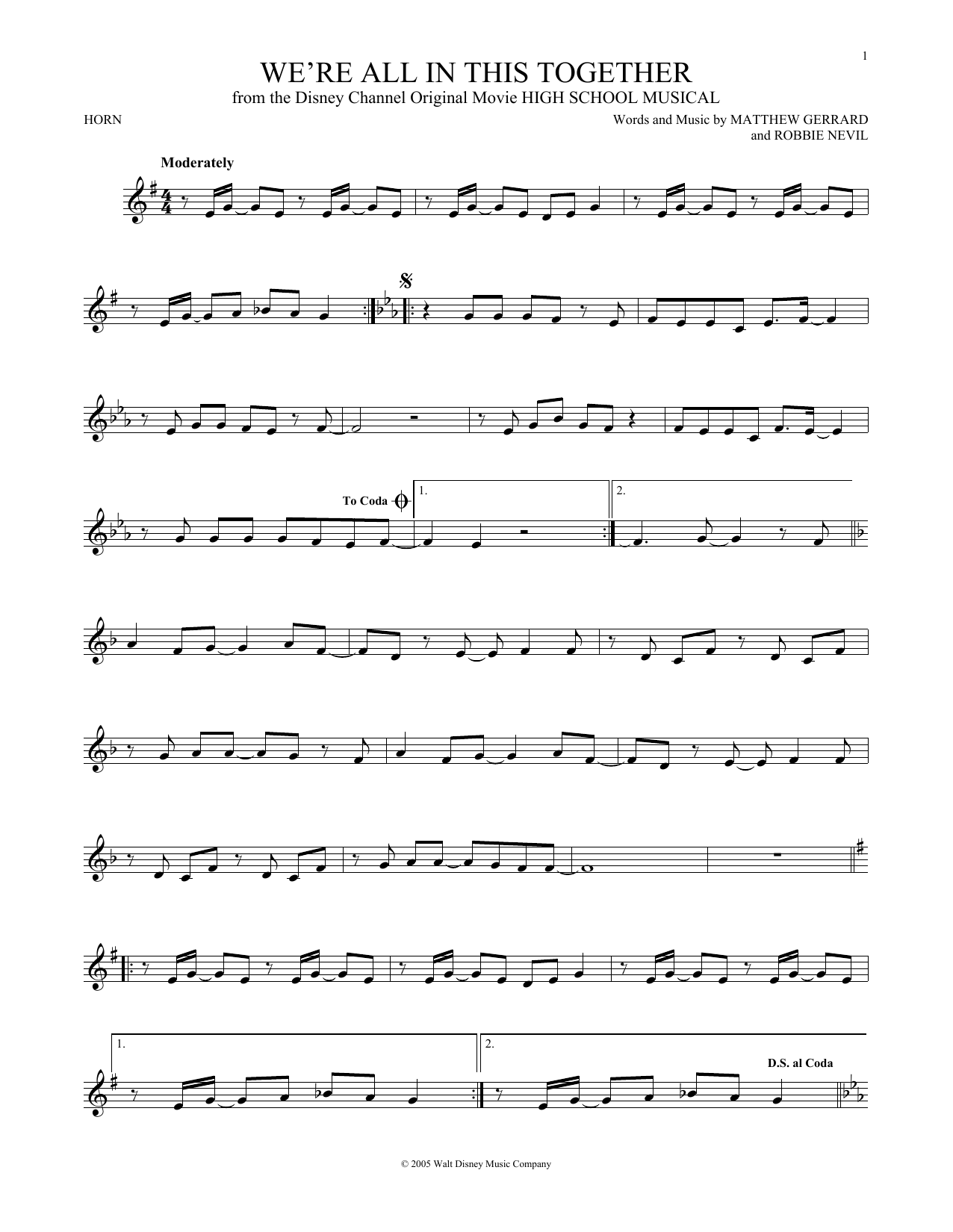 Matthew Gerrard We're All In This Together Sheet Music Notes & Chords for French Horn - Download or Print PDF