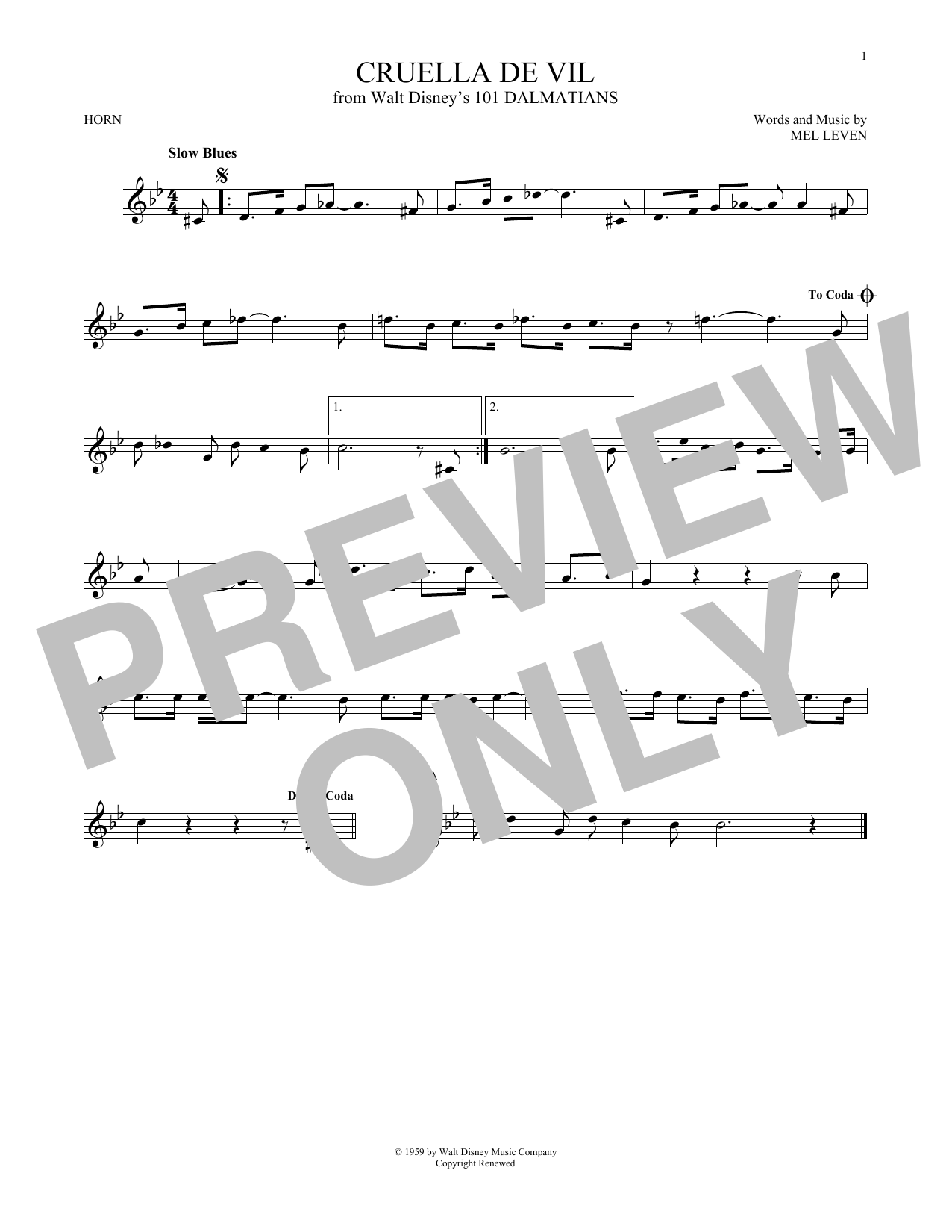 Mel Leven Cruella De Vil Sheet Music Notes & Chords for French Horn - Download or Print PDF