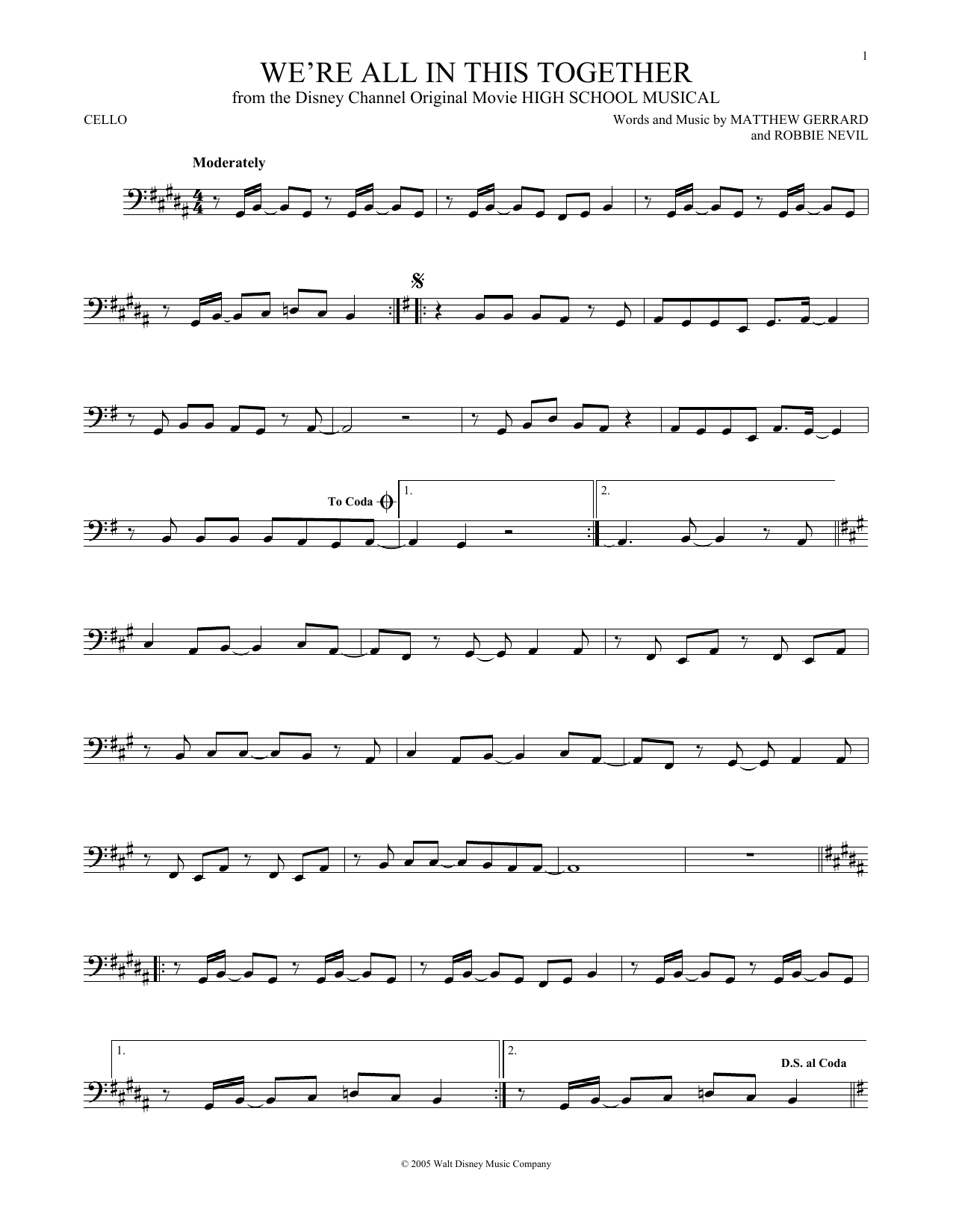 Matthew Gerrard We're All In This Together Sheet Music Notes & Chords for Cello - Download or Print PDF