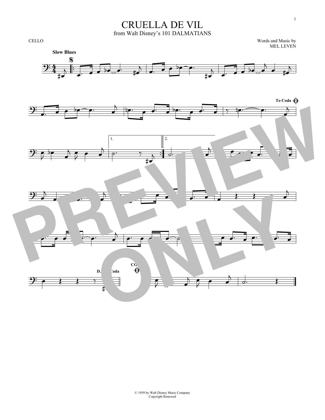 Mel Leven Cruella De Vil Sheet Music Notes & Chords for Cello - Download or Print PDF
