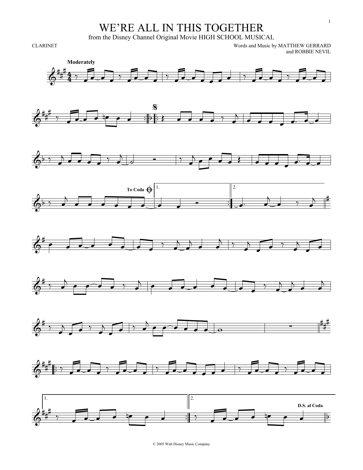 Matthew Gerrard We're All In This Together Sheet Music Notes & Chords for Clarinet - Download or Print PDF