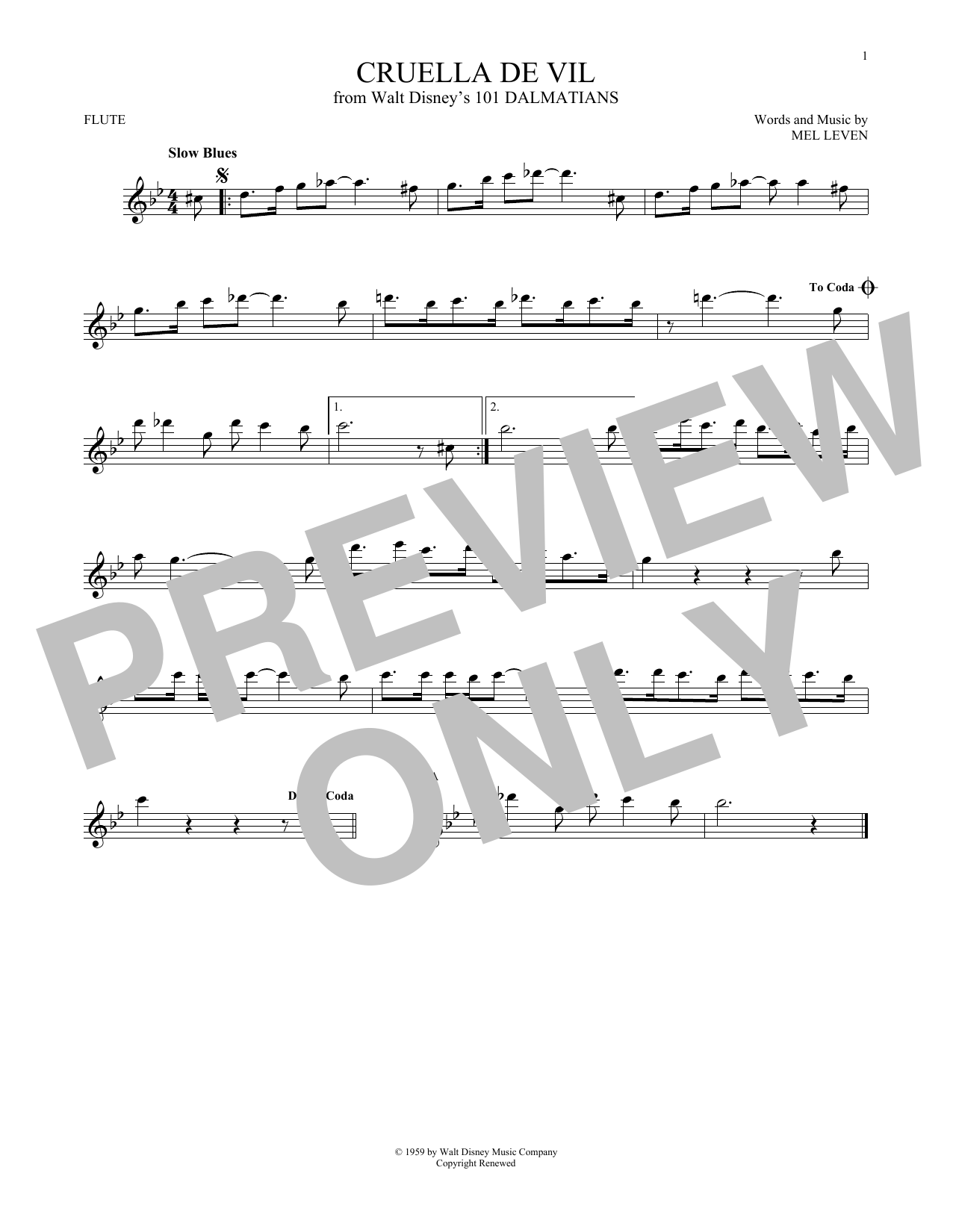 Mel Leven Cruella De Vil Sheet Music Notes & Chords for Flute - Download or Print PDF
