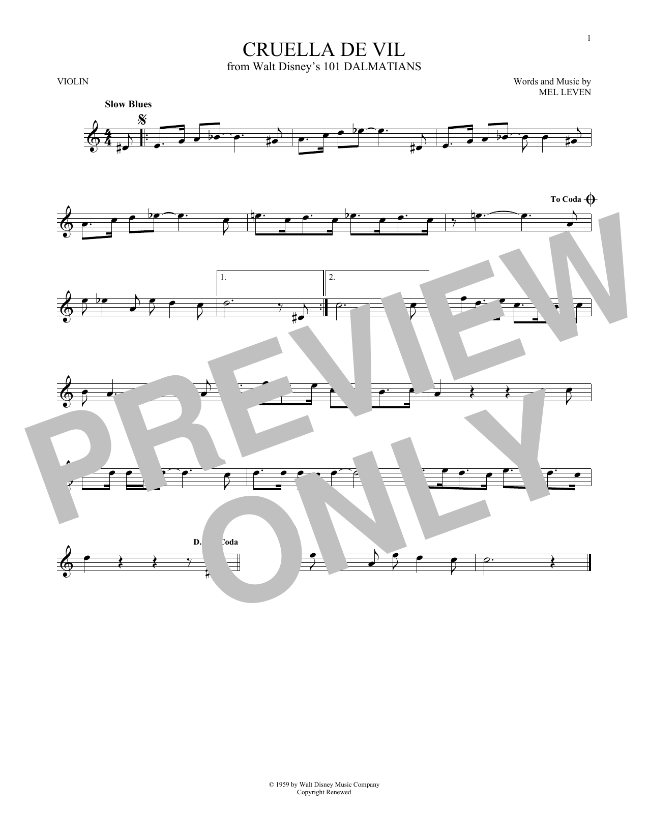 Mel Leven Cruella De Vil Sheet Music Notes & Chords for Violin - Download or Print PDF