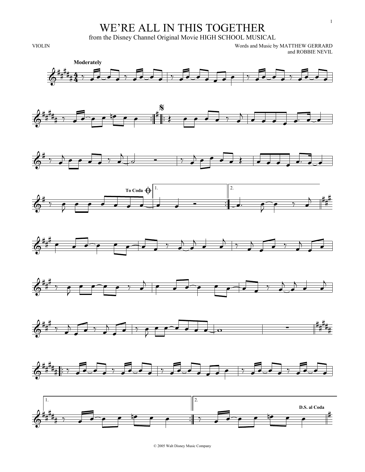Matthew Gerrard We're All In This Together Sheet Music Notes & Chords for Violin - Download or Print PDF