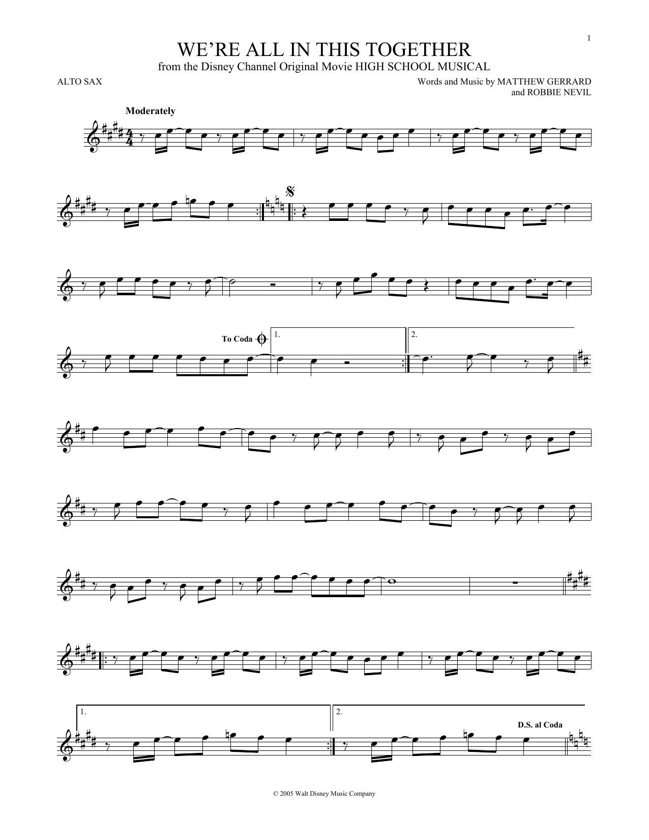 Matthew Gerrard We're All In This Together Sheet Music Notes & Chords for Alto Saxophone - Download or Print PDF