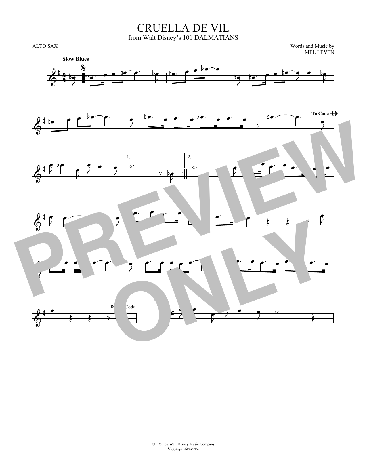Mel Leven Cruella De Vil Sheet Music Notes & Chords for Alto Saxophone - Download or Print PDF