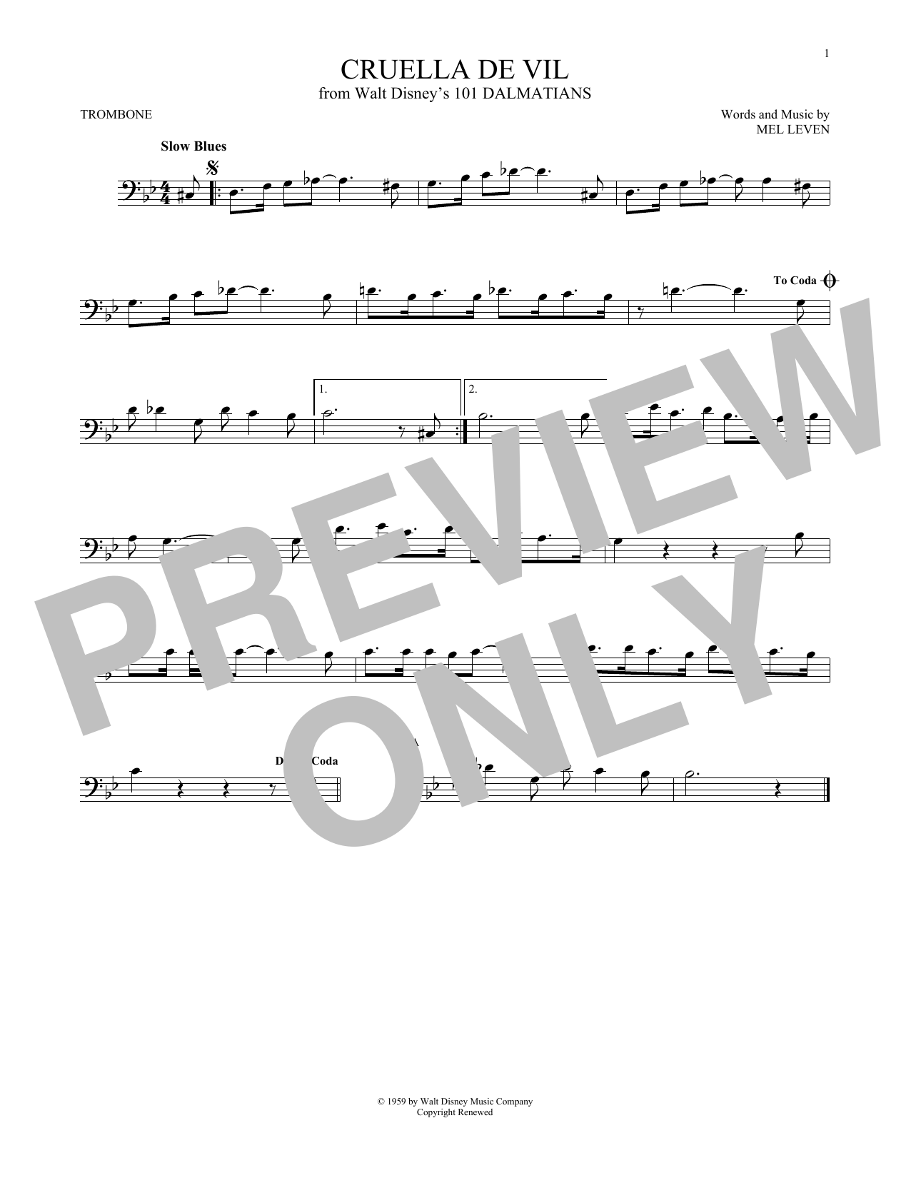 Mel Leven Cruella De Vil Sheet Music Notes & Chords for Trombone - Download or Print PDF
