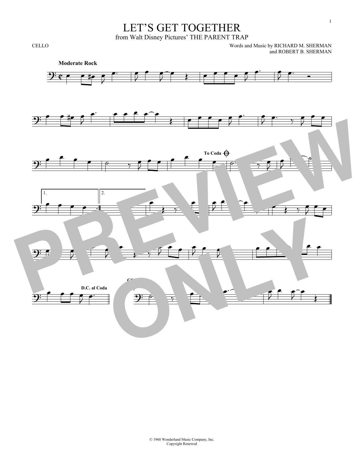 Hayley Mills Let's Get Together Sheet Music Notes & Chords for Cello - Download or Print PDF