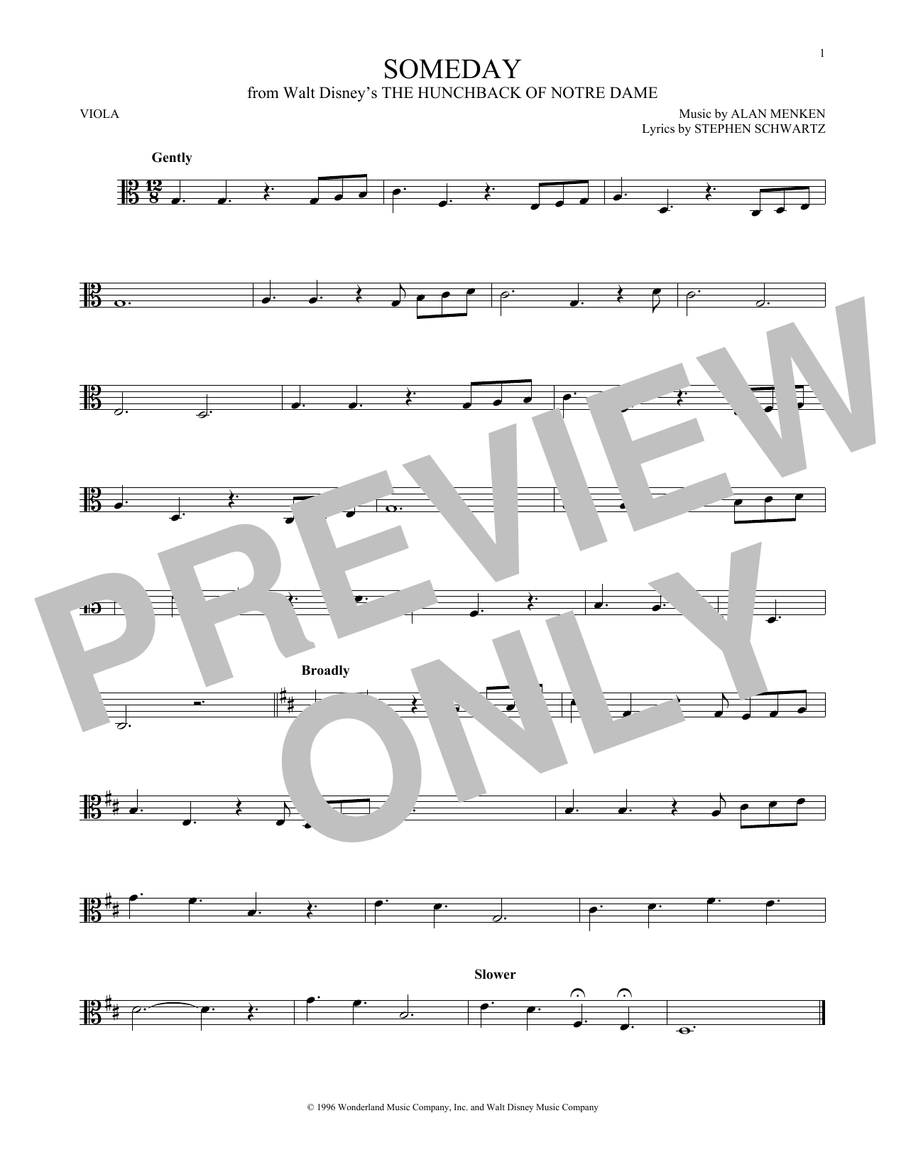 Alan Menken Someday (Esmeralda's Prayer) Sheet Music Notes & Chords for Viola - Download or Print PDF
