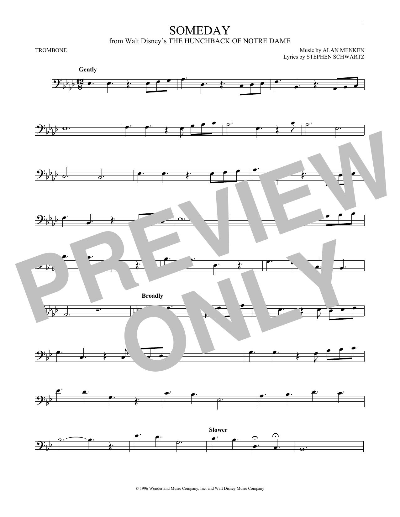 Alan Menken Someday (Esmeralda's Prayer) Sheet Music Notes & Chords for Trombone - Download or Print PDF